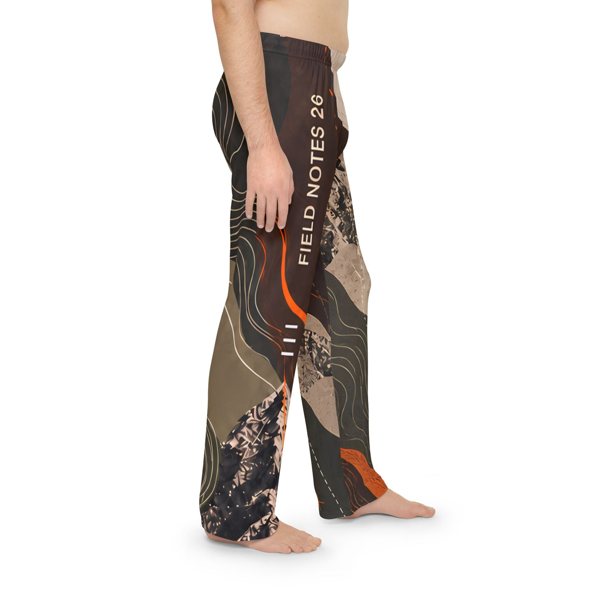FIELD NOTES 26 men's topographic pajama pants with olive, charcoal, sand and burnt orange terrain print.