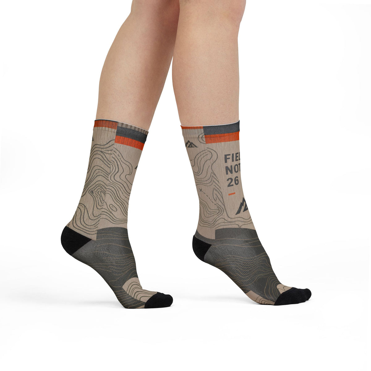 FIELD NOTES 26 topographic crew socks with sand, charcoal and burnt orange contour-map design.