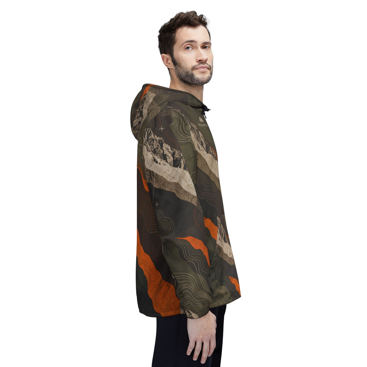 FIELD NOTES 26 topographic windbreaker jacket in olive, charcoal, sand and burnt orange terrain print.