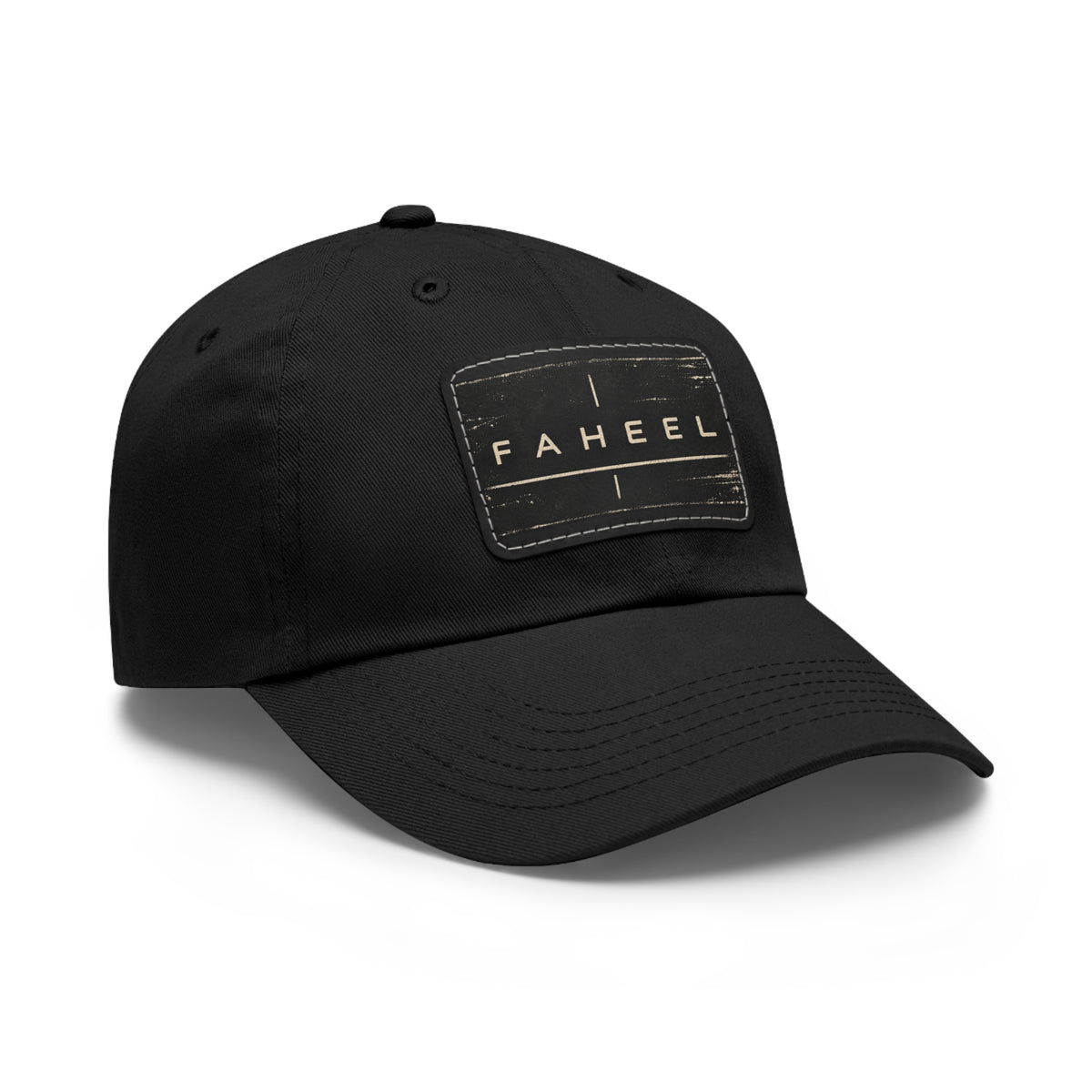 FAHEEL black six-panel cap with cream FAHEEL graphic on rectangular front patch