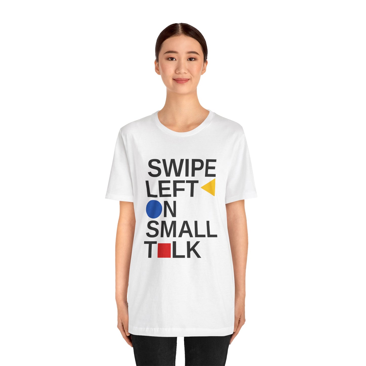 Person wearing a white t-shirt with text and icons on a white background