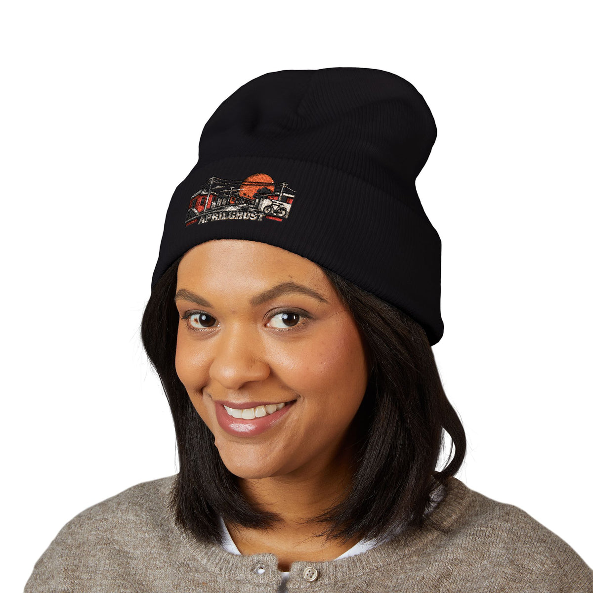 AprilGhost Neighborhood Signal black cuffed beanie with embroidered neighborhood scene and APRILGHOST wordmark