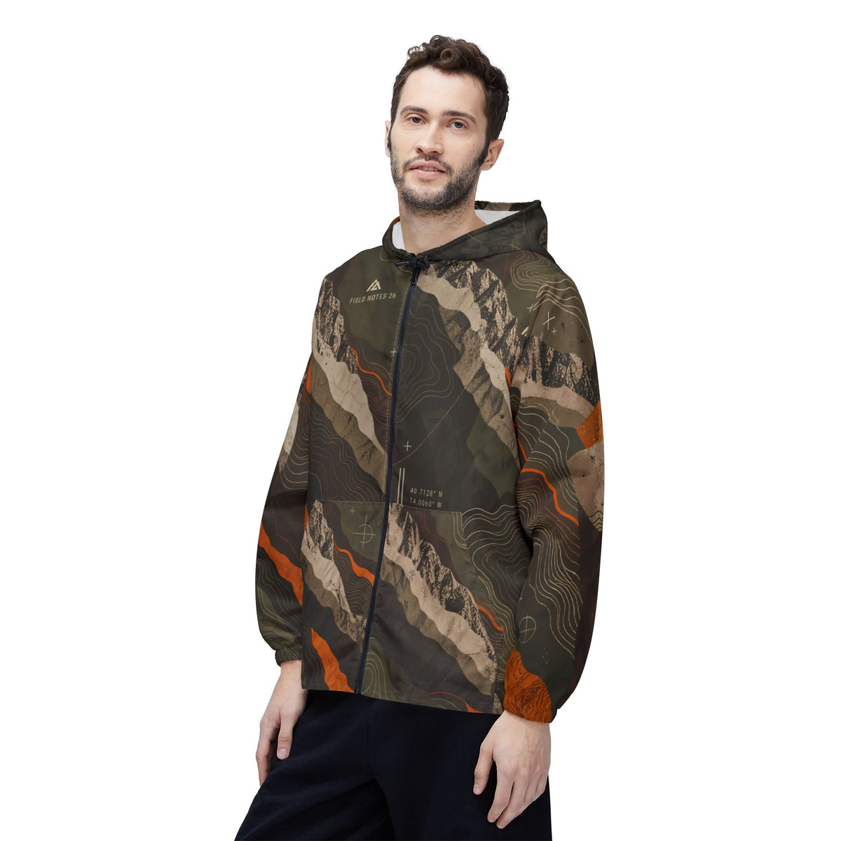 FIELD NOTES 26 topographic windbreaker jacket in olive, charcoal, sand and burnt orange terrain print.