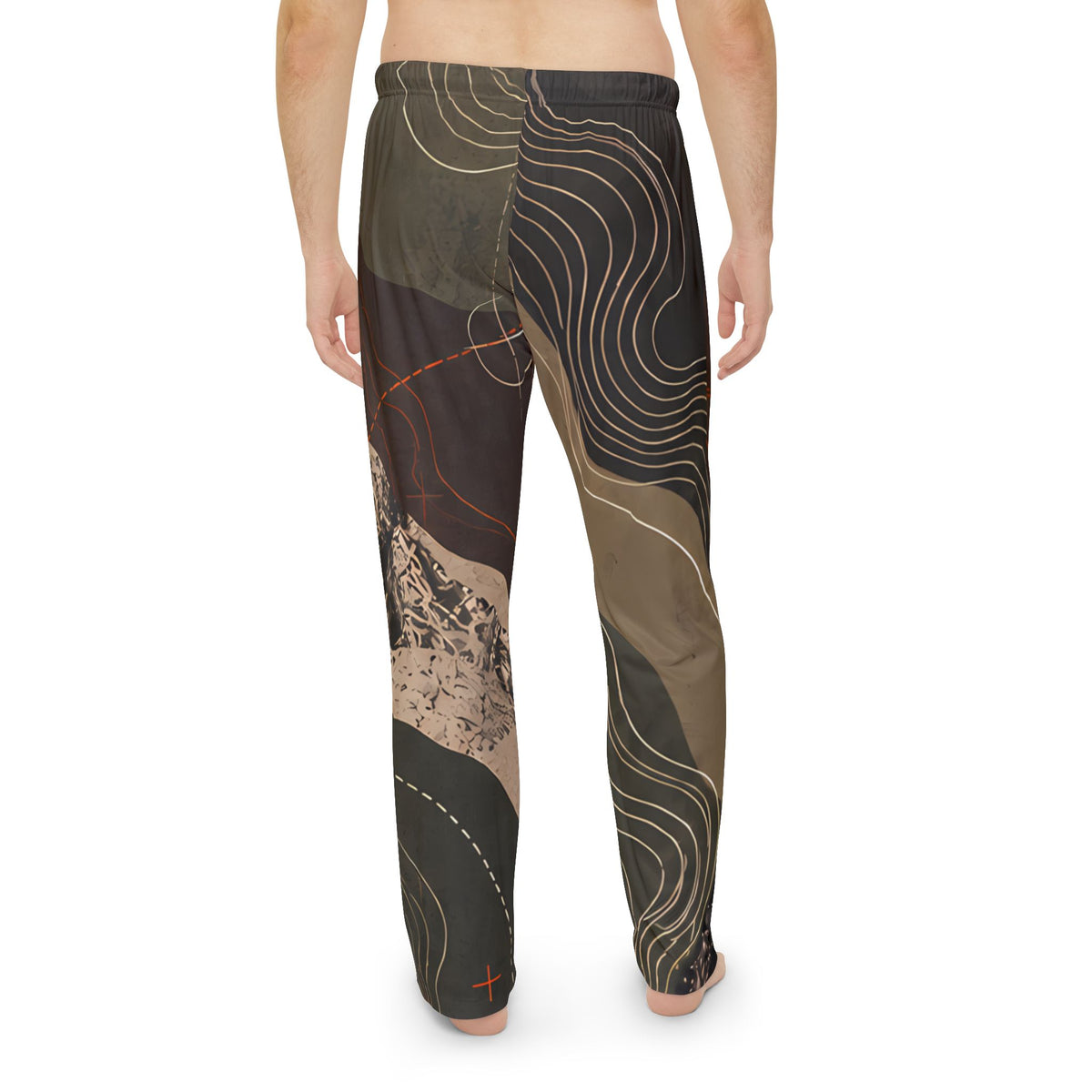 FIELD NOTES 26 men's topographic pajama pants with olive, charcoal, sand and burnt orange terrain print.