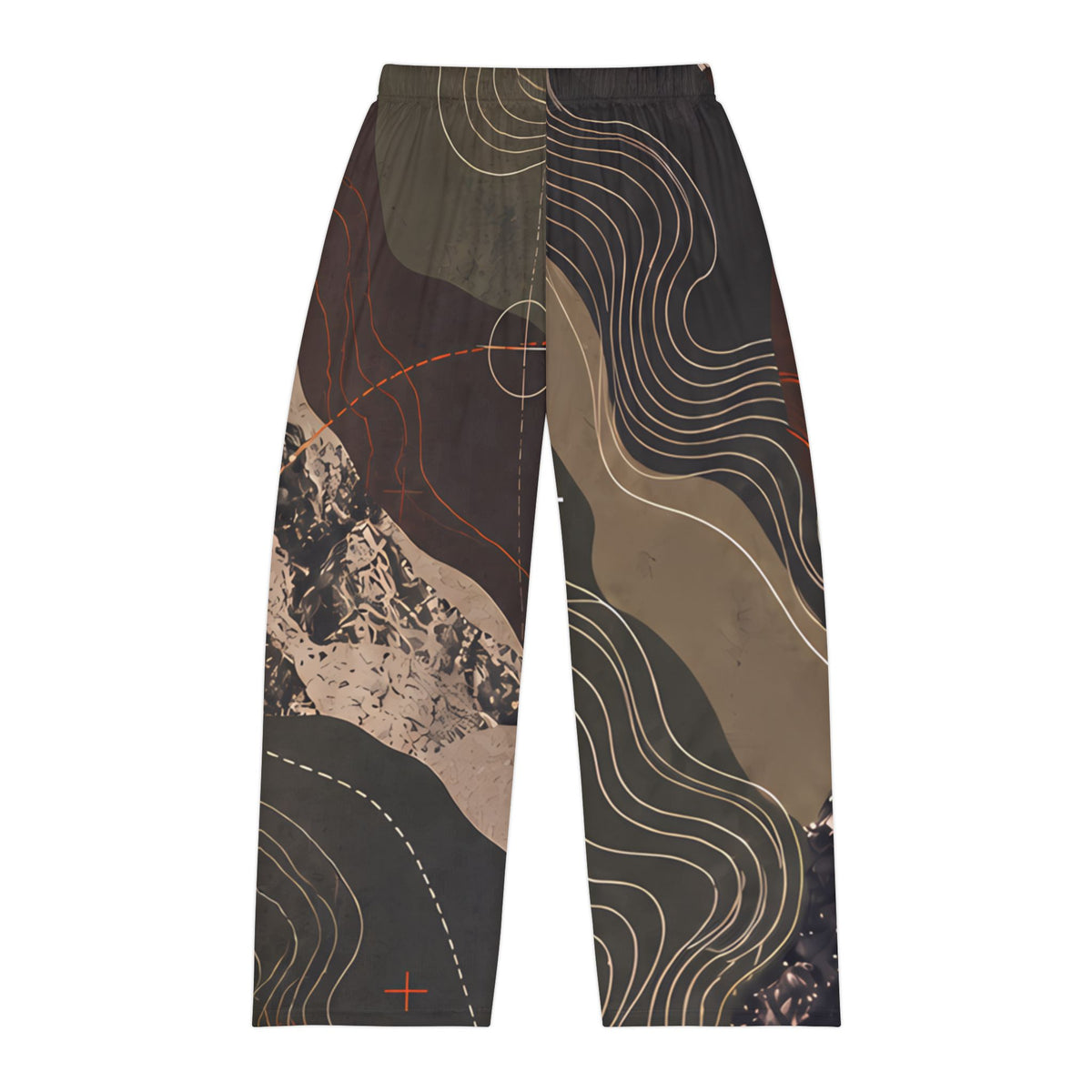 FIELD NOTES 26 men's topographic pajama pants with olive, charcoal, sand and burnt orange terrain print.