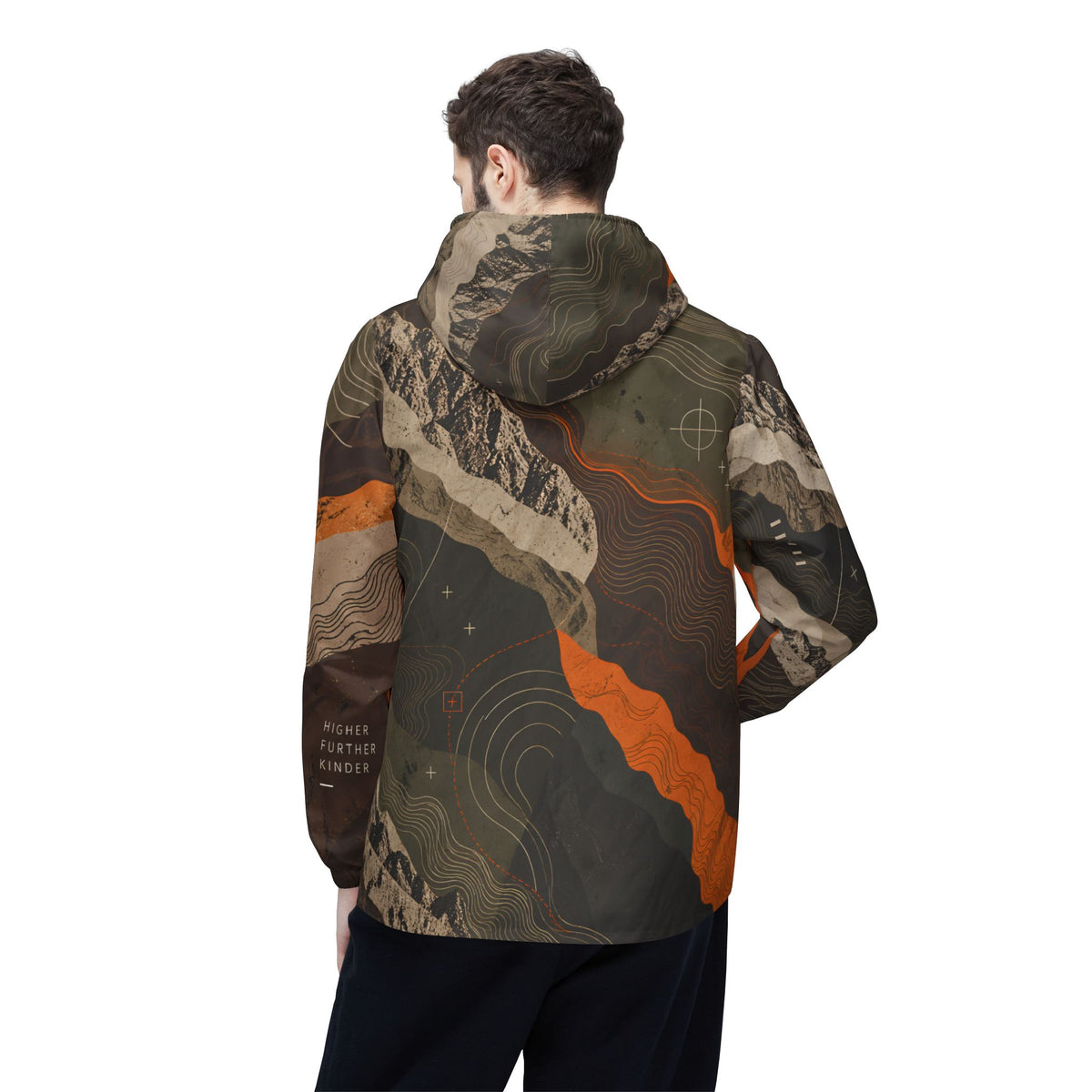 FIELD NOTES 26 topographic windbreaker jacket in olive, charcoal, sand and burnt orange terrain print.