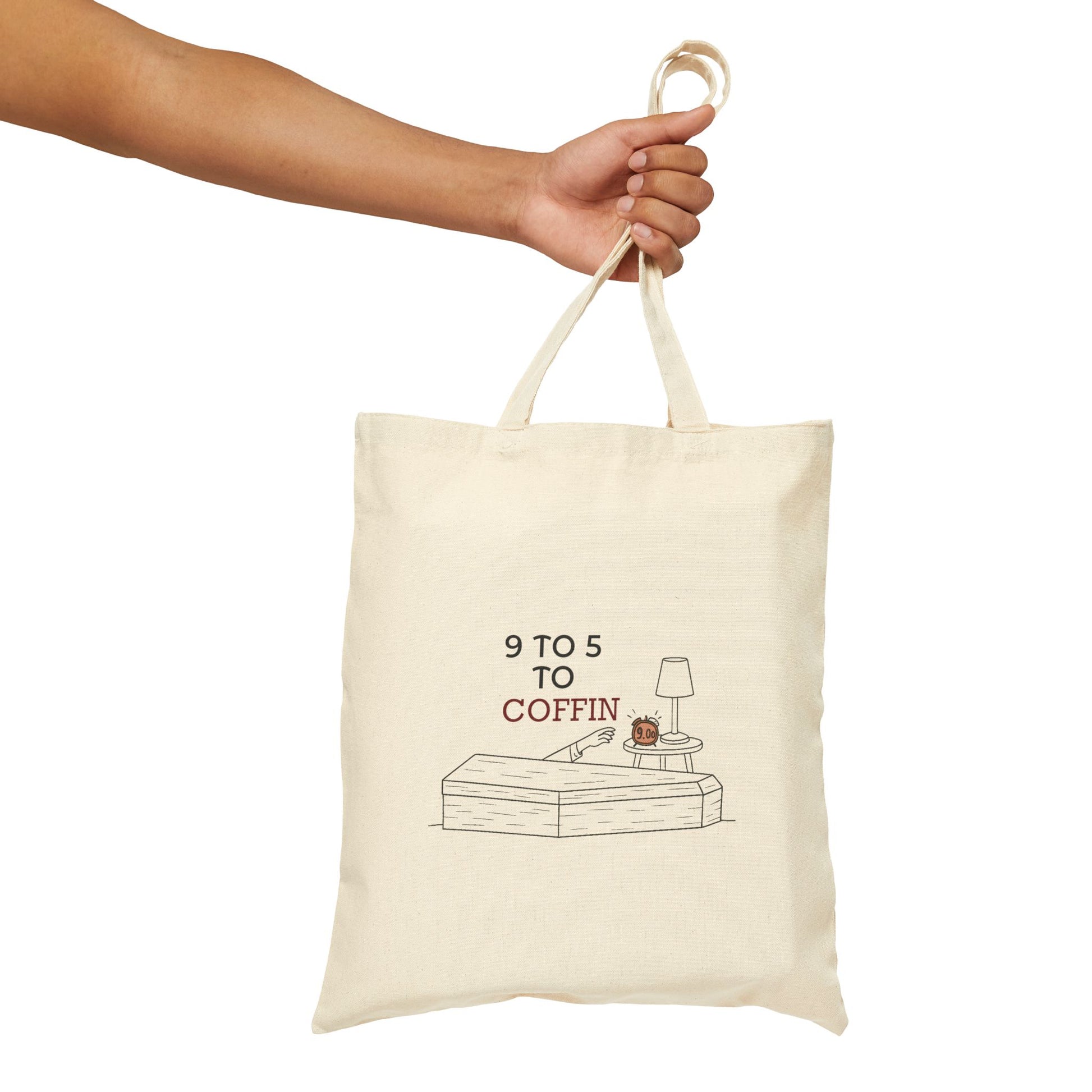 Dead Inside tote bag with 9 TO 5 TO COFFIN typography and coffin illustration for burnout humor for introverts