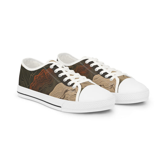 FIELD NOTES 26 men's topographic low top sneakers with earth-tone terrain print and white sole.
