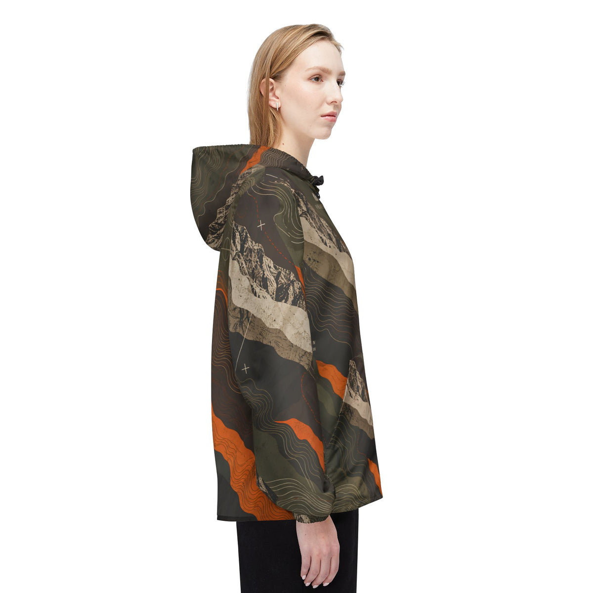 FIELD NOTES 26 topographic windbreaker jacket in olive, charcoal, sand and burnt orange terrain print.