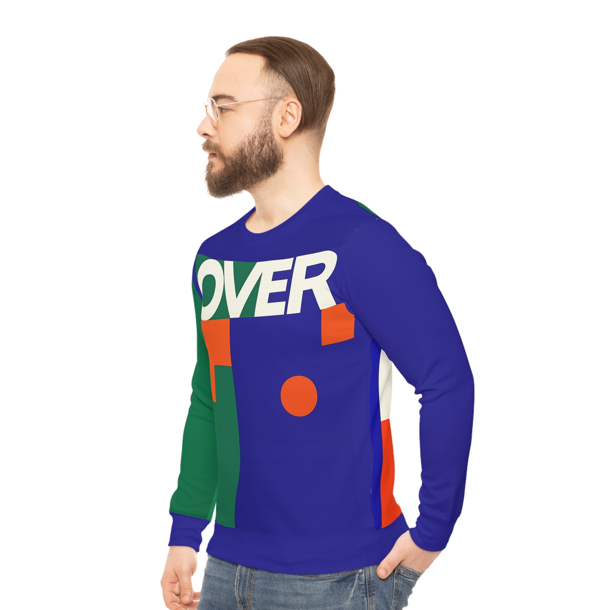 Side view of model wearing Overthinker sweatshirt showing blue sleeve, front color blocks, and how the all over print wraps toward the back.
