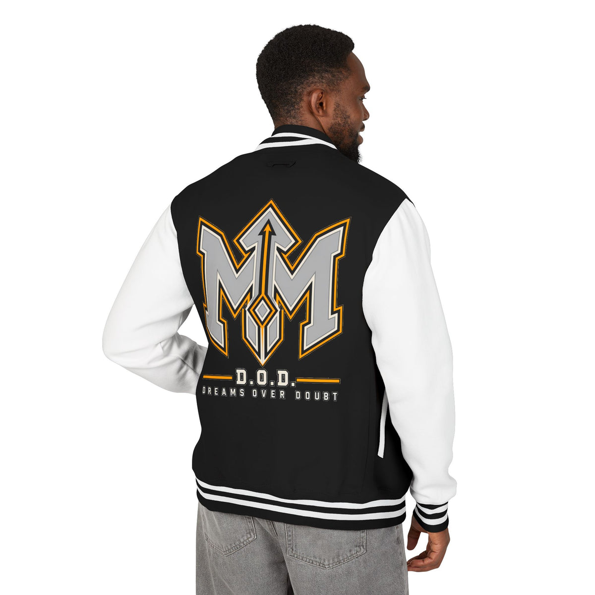 Magik McCoy heavyweight black and white varsity jacket, additional mockup view 7