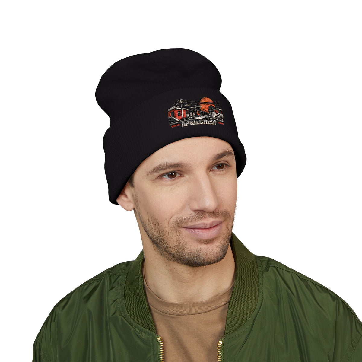 AprilGhost Neighborhood Signal black cuffed beanie with embroidered neighborhood scene and APRILGHOST wordmark