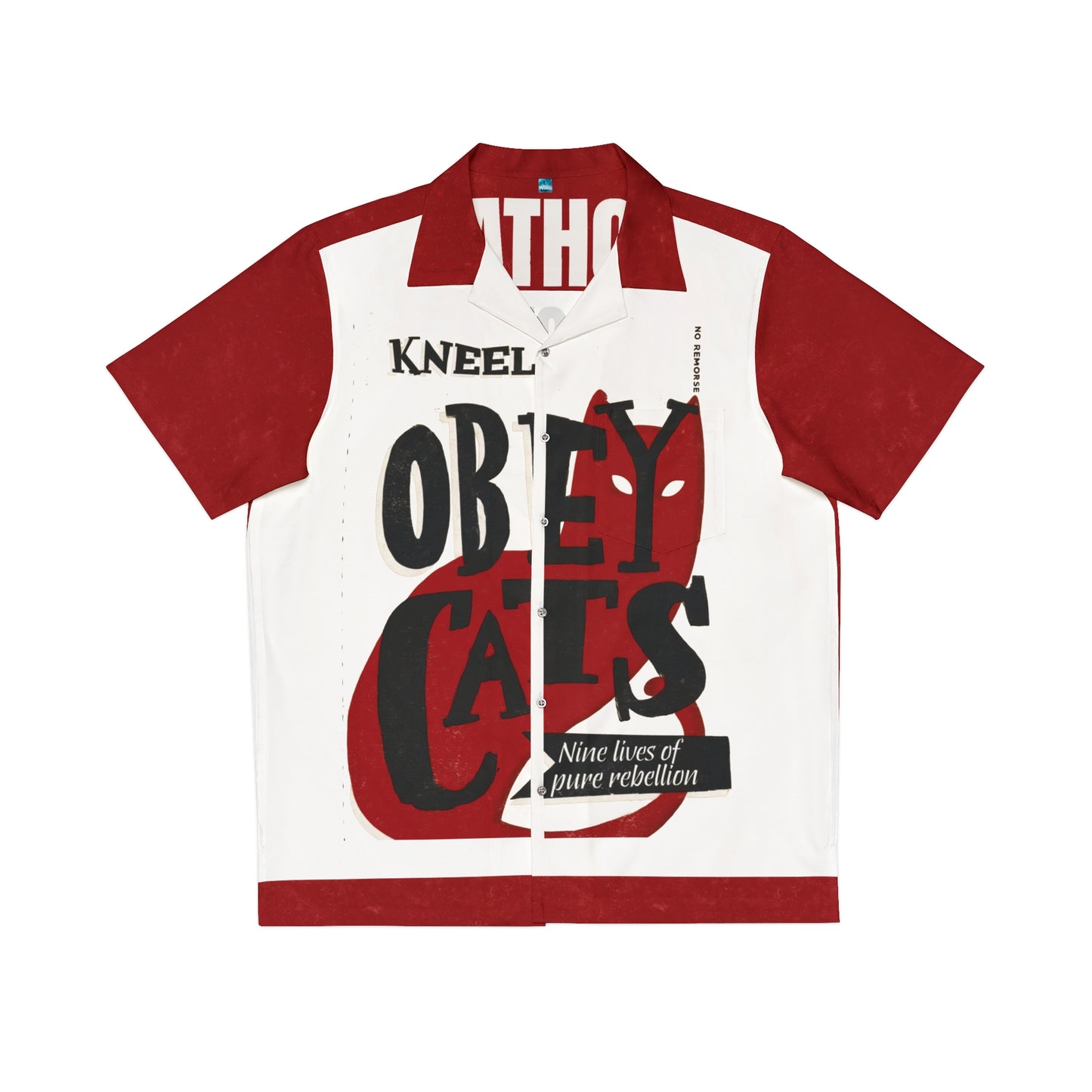 Front flat lay of Obey Cats propaganda resort shirt. Features bold Kneel text and red cat graphic on a white button down.