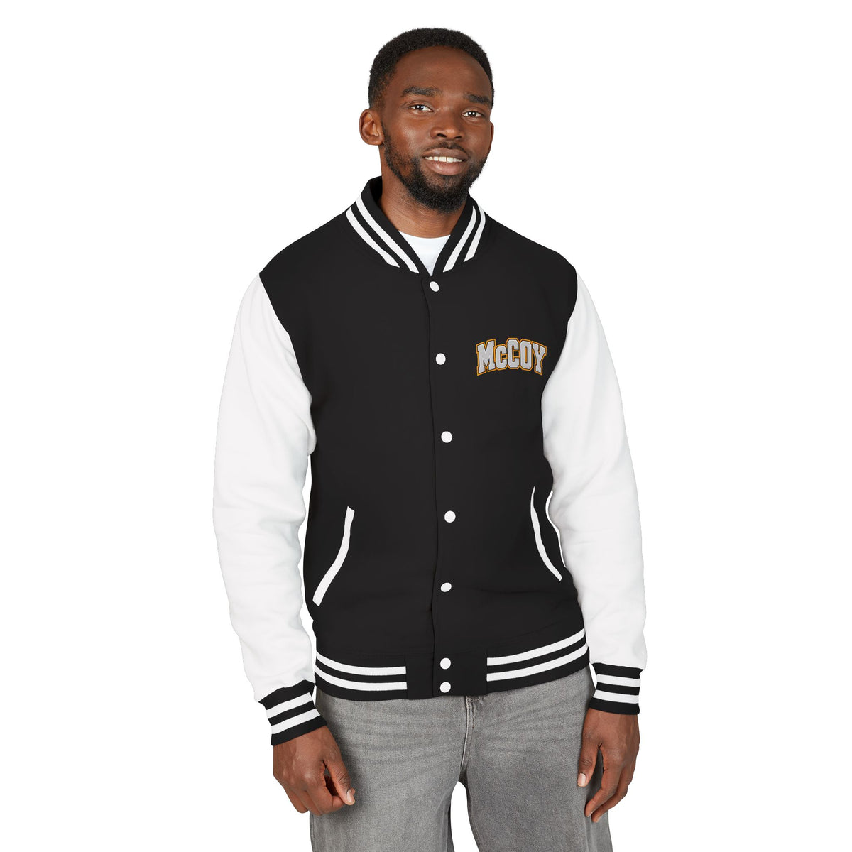 Magik McCoy heavyweight black and white varsity jacket, additional mockup view 6