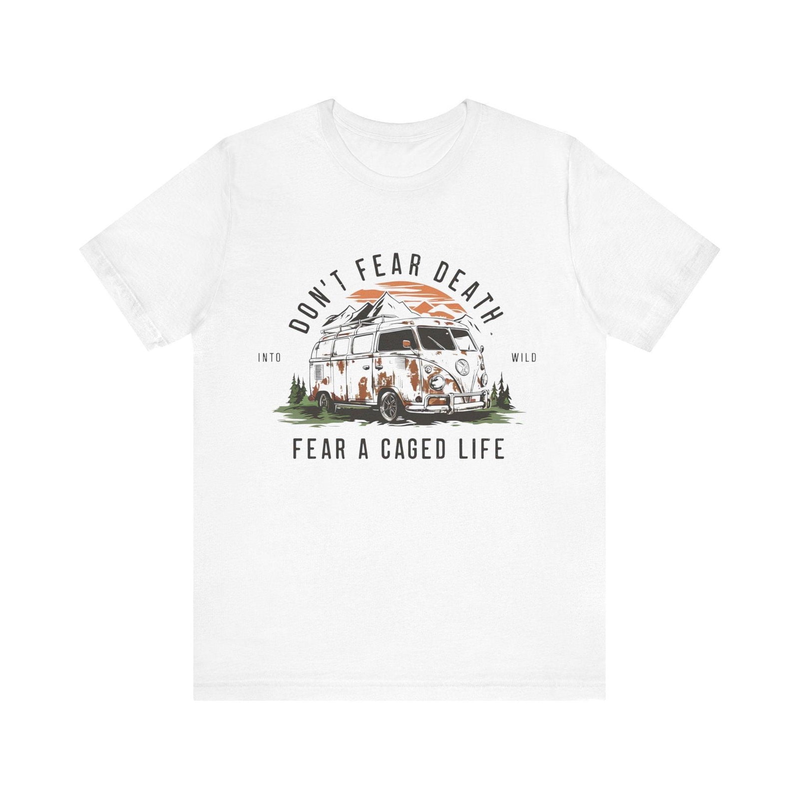 Retro camper landscape “Fear a Caged Life” T-shirt mockup