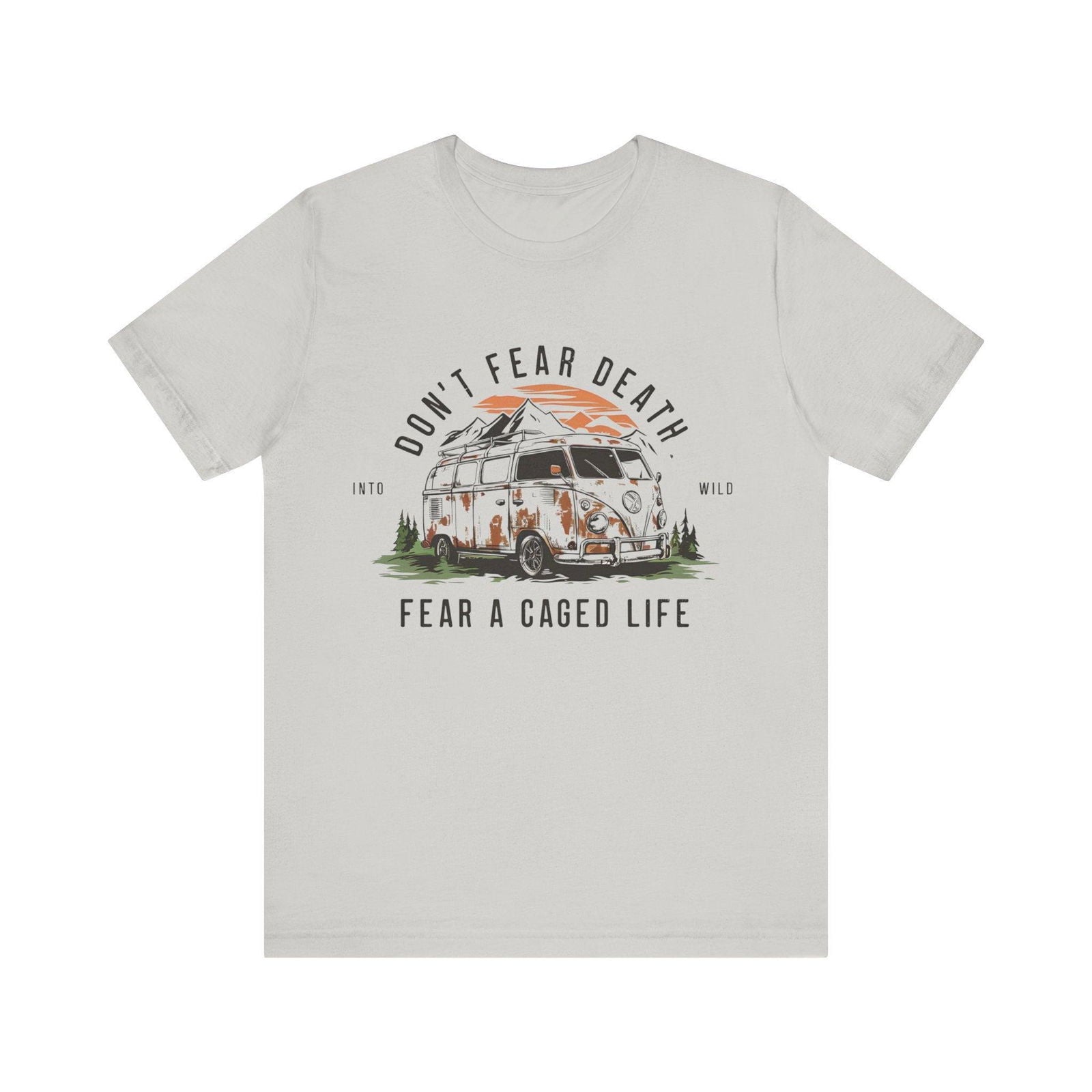 Retro camper landscape “Fear a Caged Life” T-shirt mockup