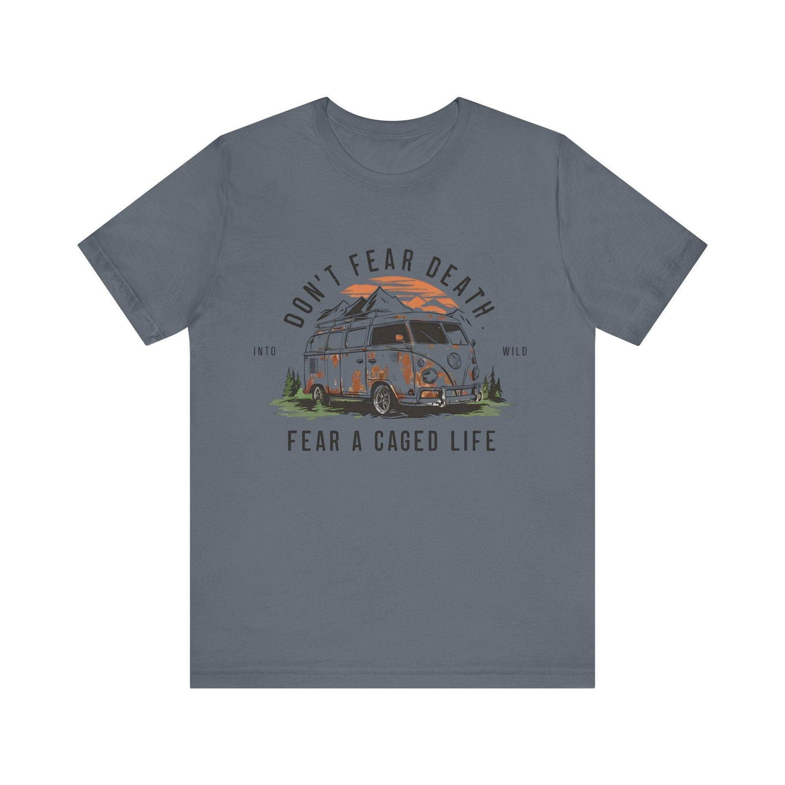Retro camper landscape “Fear a Caged Life” T-shirt mockup
