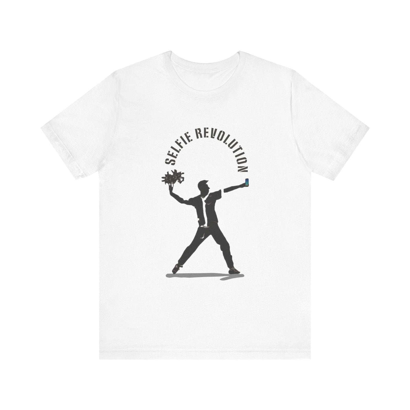 White regular-fit Selfie Revolution T-shirt with black stencil-style street art graphic on the front