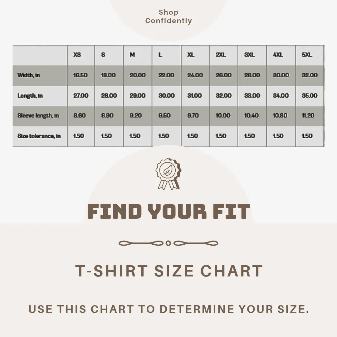 T-shirt size chart with dimensions for various sizes (Bella Canvas 3001) on light gray background