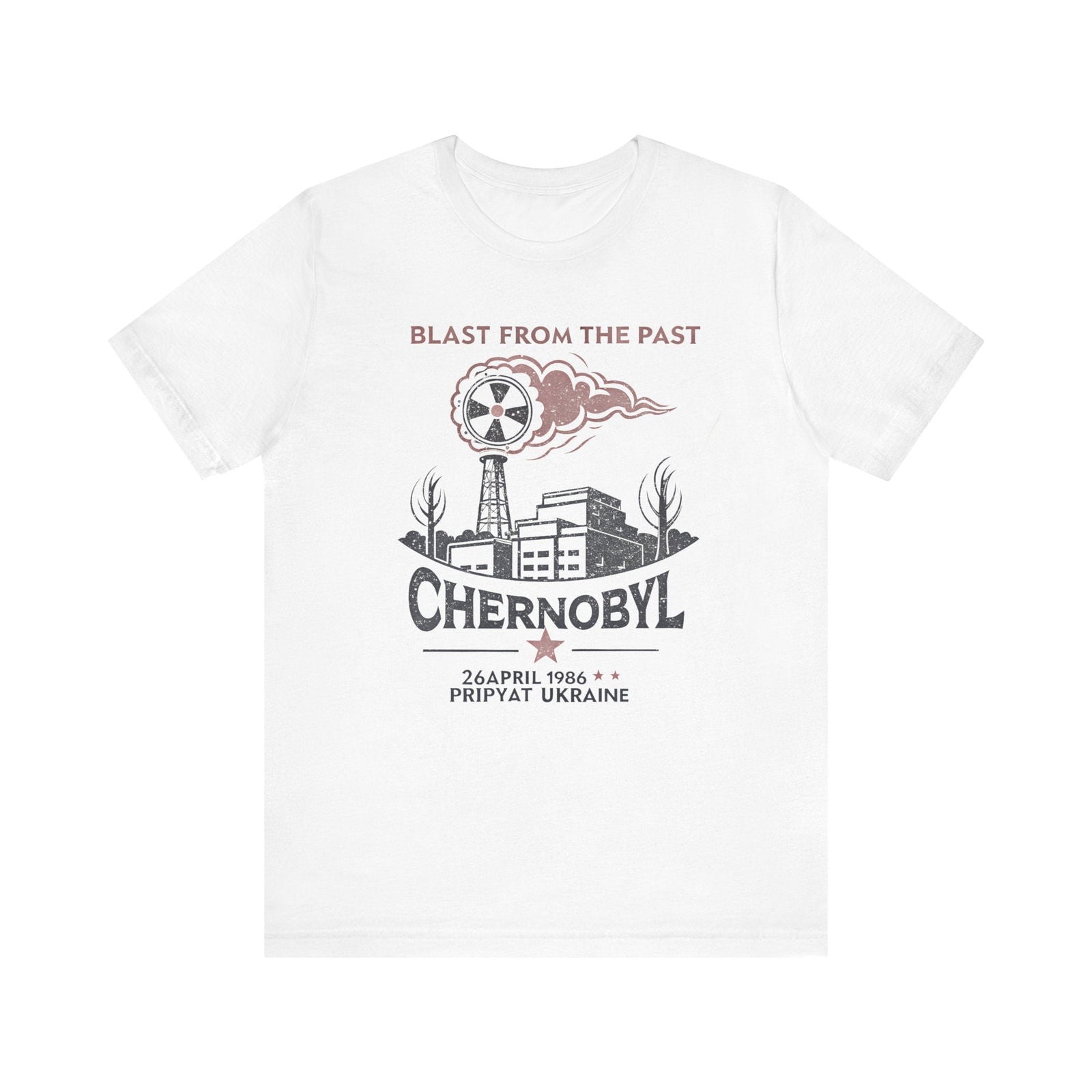 White Chernobyl Blast From the Past graphic tee with distressed Pripyat front artwork