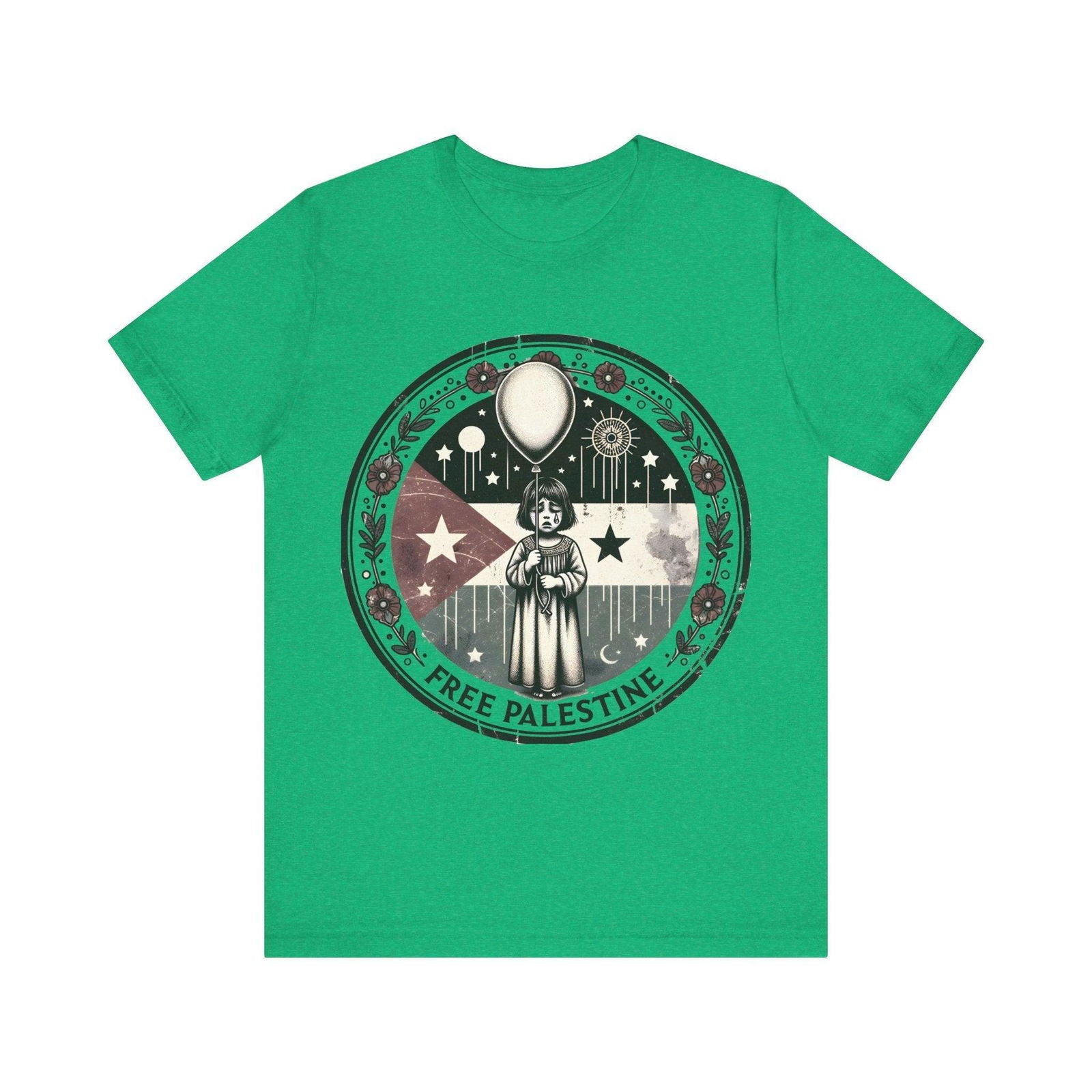 green unisex t-shirt with a circular vintage-style graphic showing a child holding a balloon, stars and floral details, and the text “Free Palestine.”