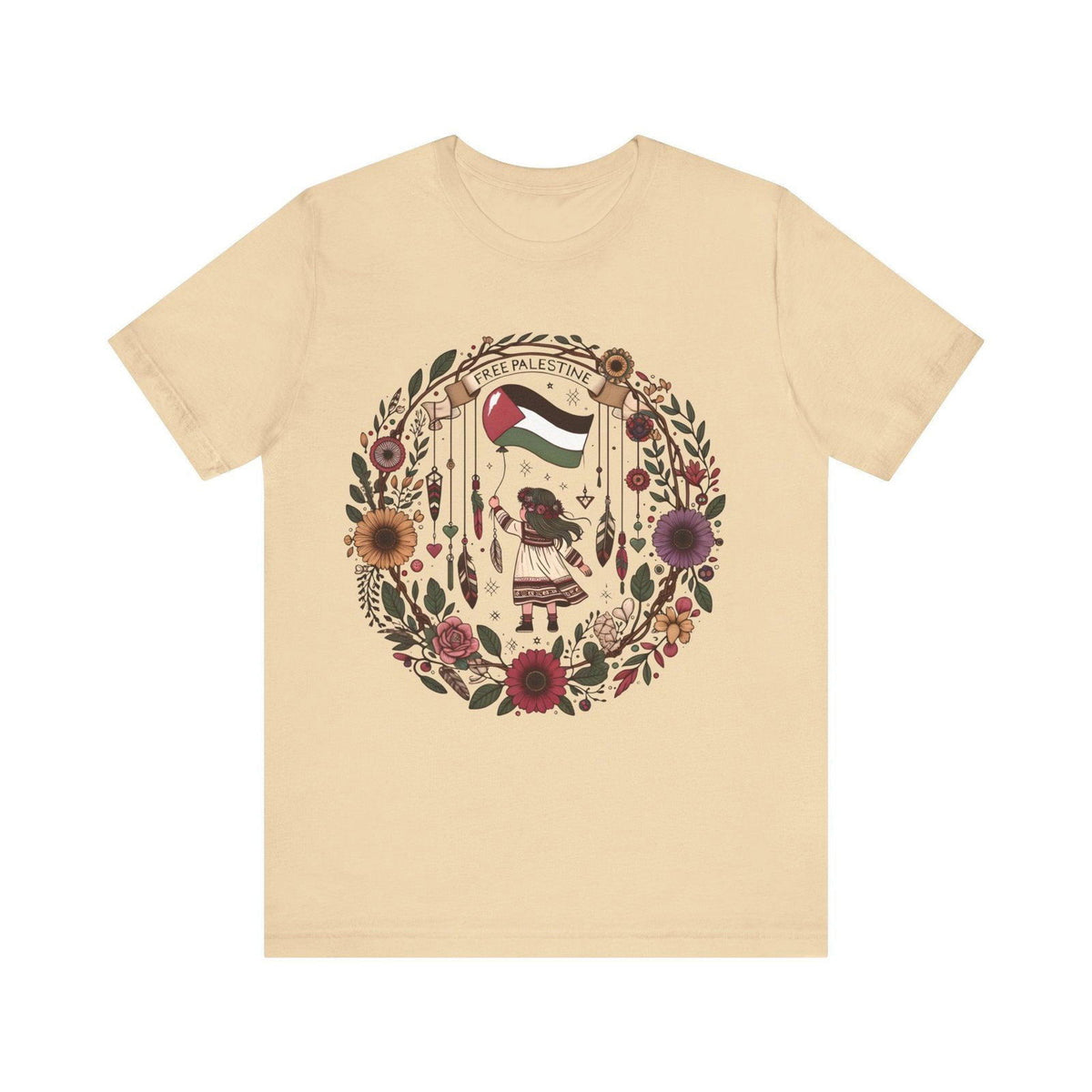 Free Palestine unity T-shirt with child, flag, and floral artwork