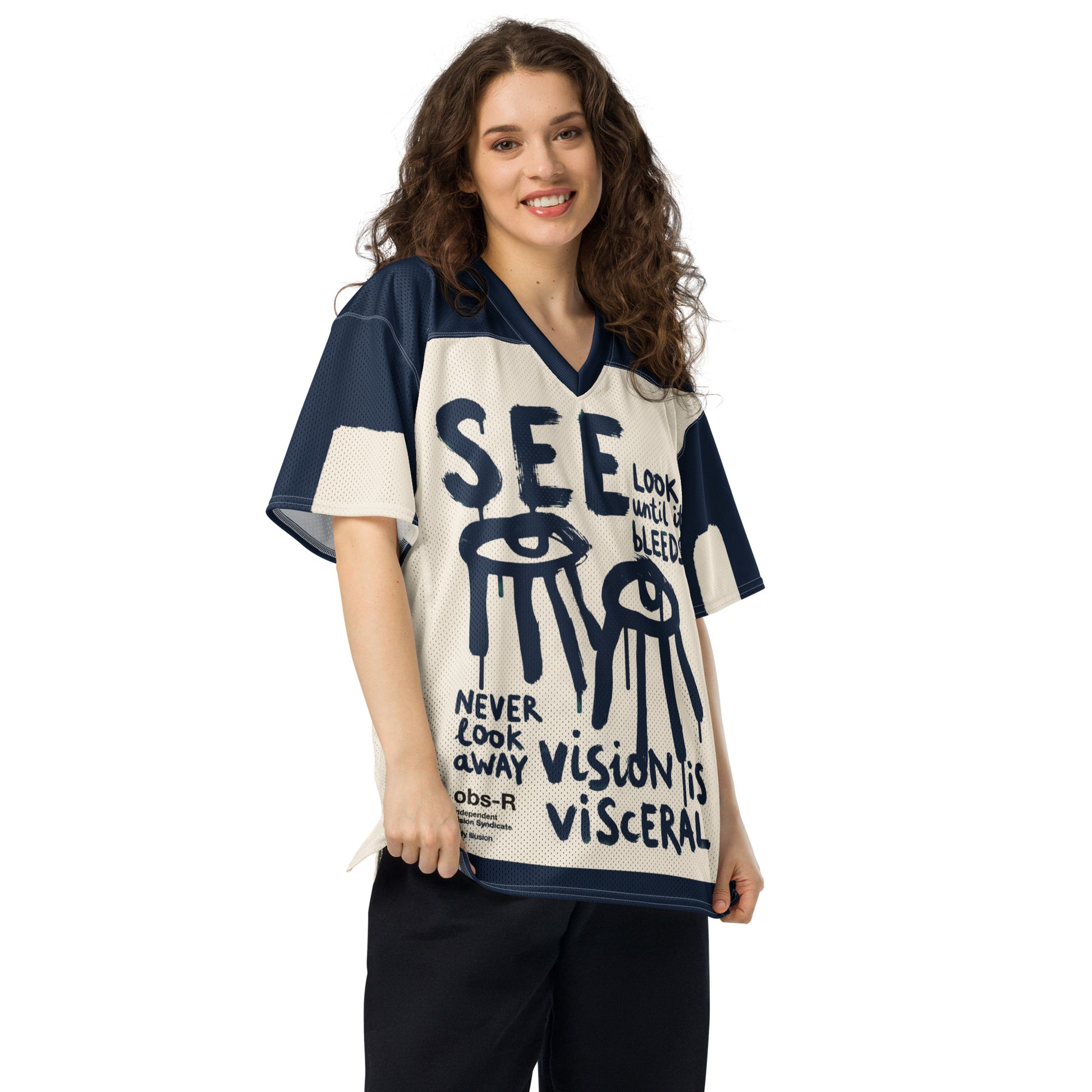 Front lifestyle view of the navy and cream Gravity of Perception AOP mesh jersey, featuring a relaxed unisex fit and raw typographic design.