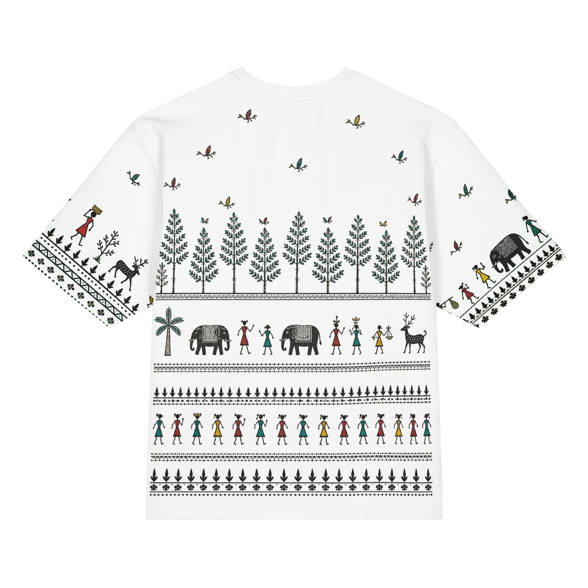 Back of white Saura-inspired oversized T-shirt with forest rows, birds, elephants, figures, and border motifs.