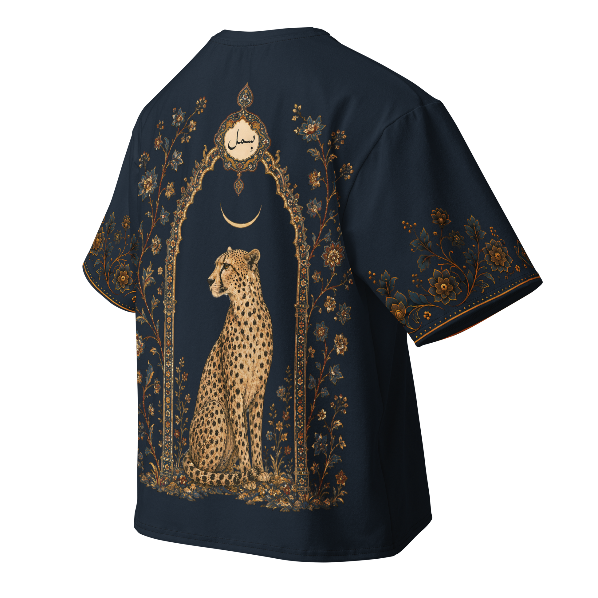 Angled back view of navy Mughal miniature-inspired oversized T-shirt with cheetah artwork