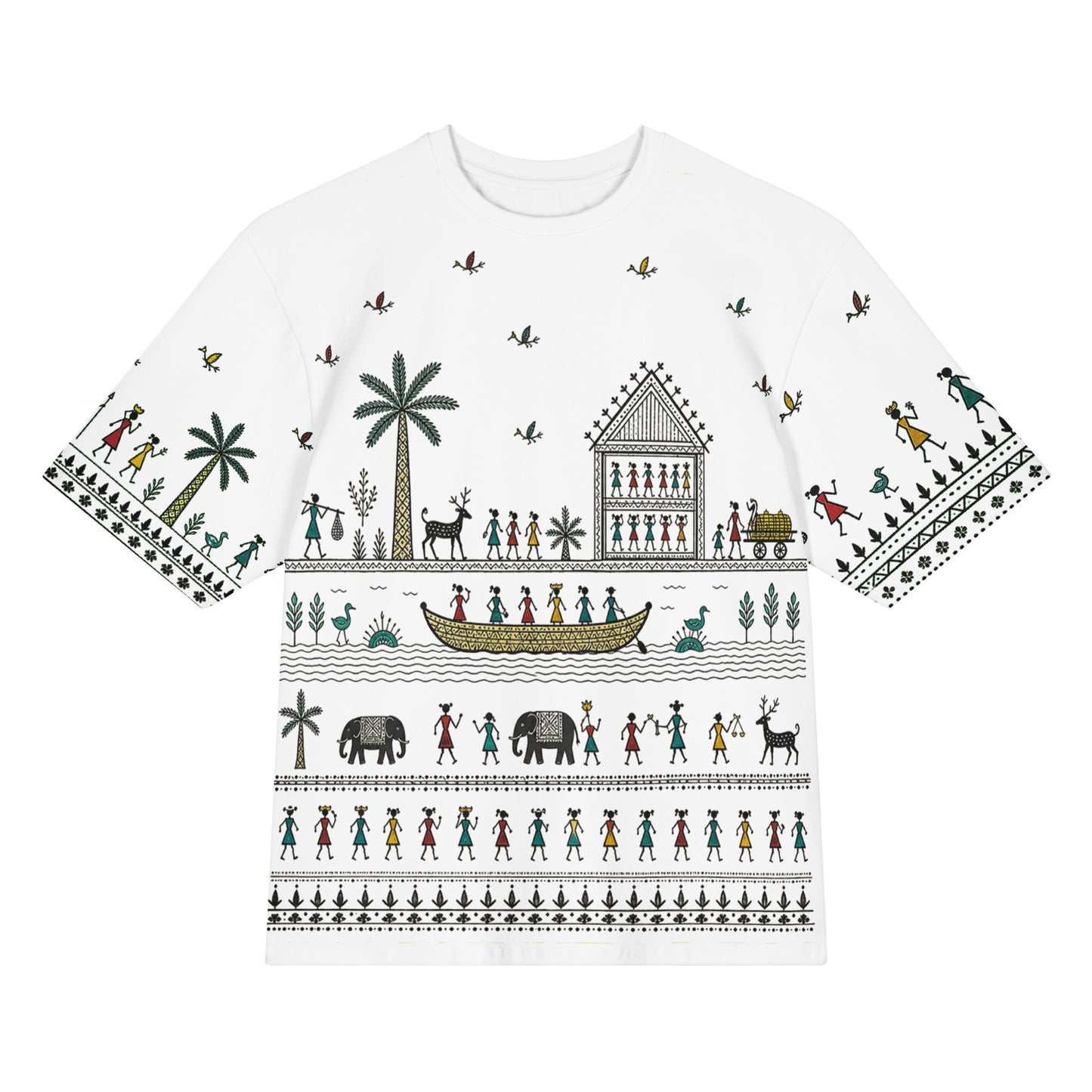 White Saura-inspired oversized T-shirt with illustrated village storyscape across the front and sleeves.
