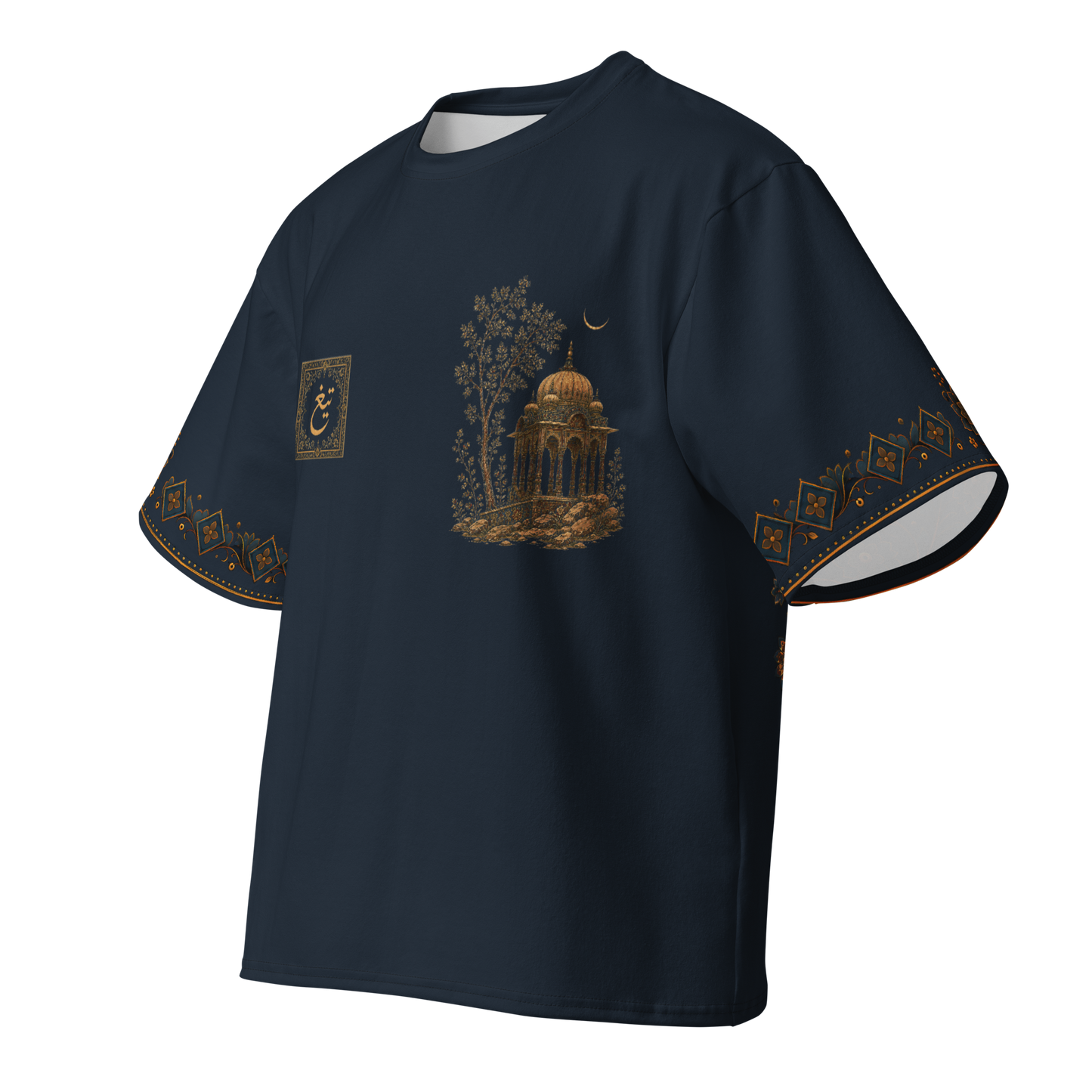 Angled front view of navy Mughal art oversized tee with pavilion graphic and patterned sleeves