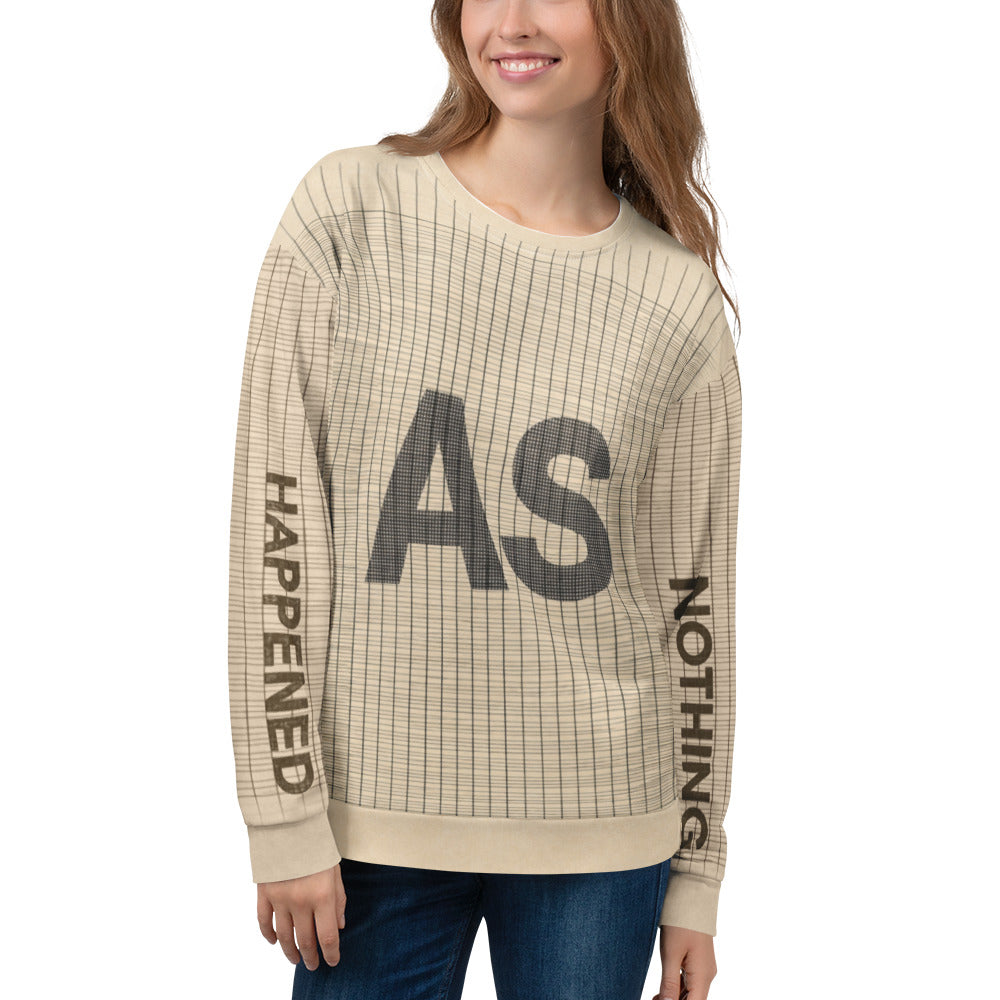 Front view of Anti-Hustle Ghost Mode sweatshirt showing large AS text with NOTHING and HAPPENED printed on sleeves