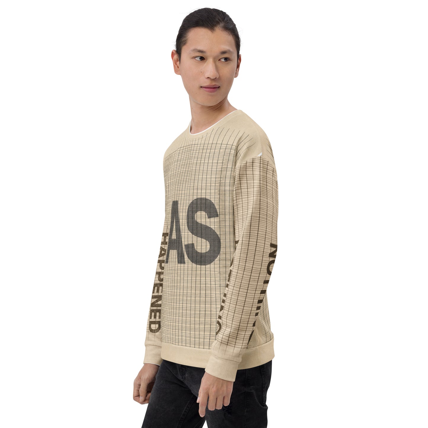 Side angle view of Anti-Hustle Ghost Mode sweatshirt showing AS text on front and HAPPENED printed along the sleeve