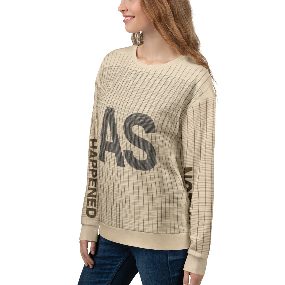 Angled front view of Anti-Hustle Ghost Mode sweatshirt showing AS text with HAPPENED and NOTHING printed along the sleeves