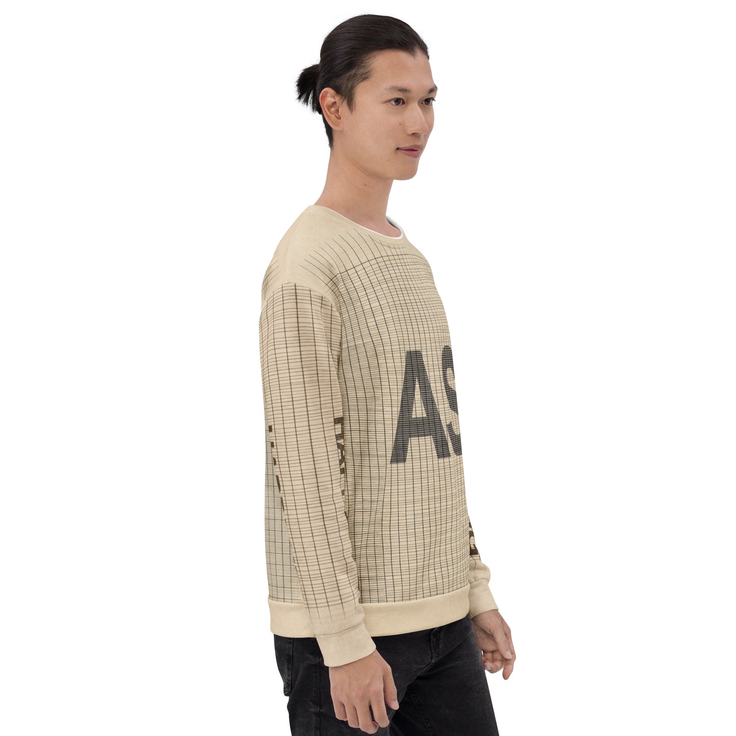 Side view of Anti-Hustle Ghost Mode sweatshirt showing AS text and vertical sleeve typography reading NOTHING HAPPENED