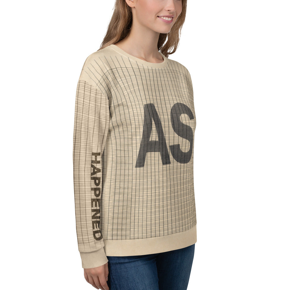 Angled front view of Anti-Hustle Ghost Mode sweatshirt showing AS text with HAPPENED and NOTHING printed along the sleeves