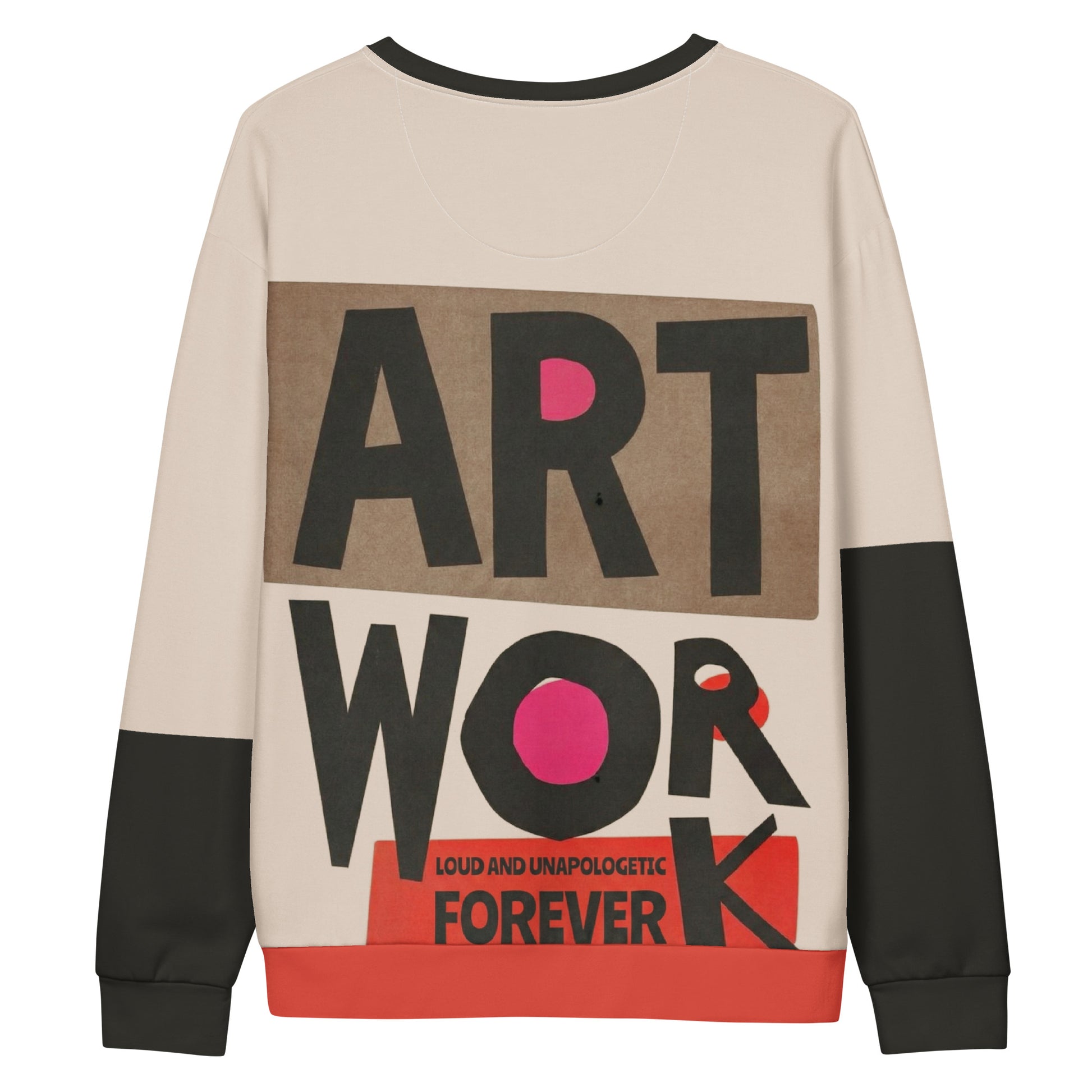 Back view of the Process Vol. 01 graphic crewneck sweatshirt featuring bold mid-century block typography reading “ART WORK,” accented with red panels that represent the loud, unapologetic final output.