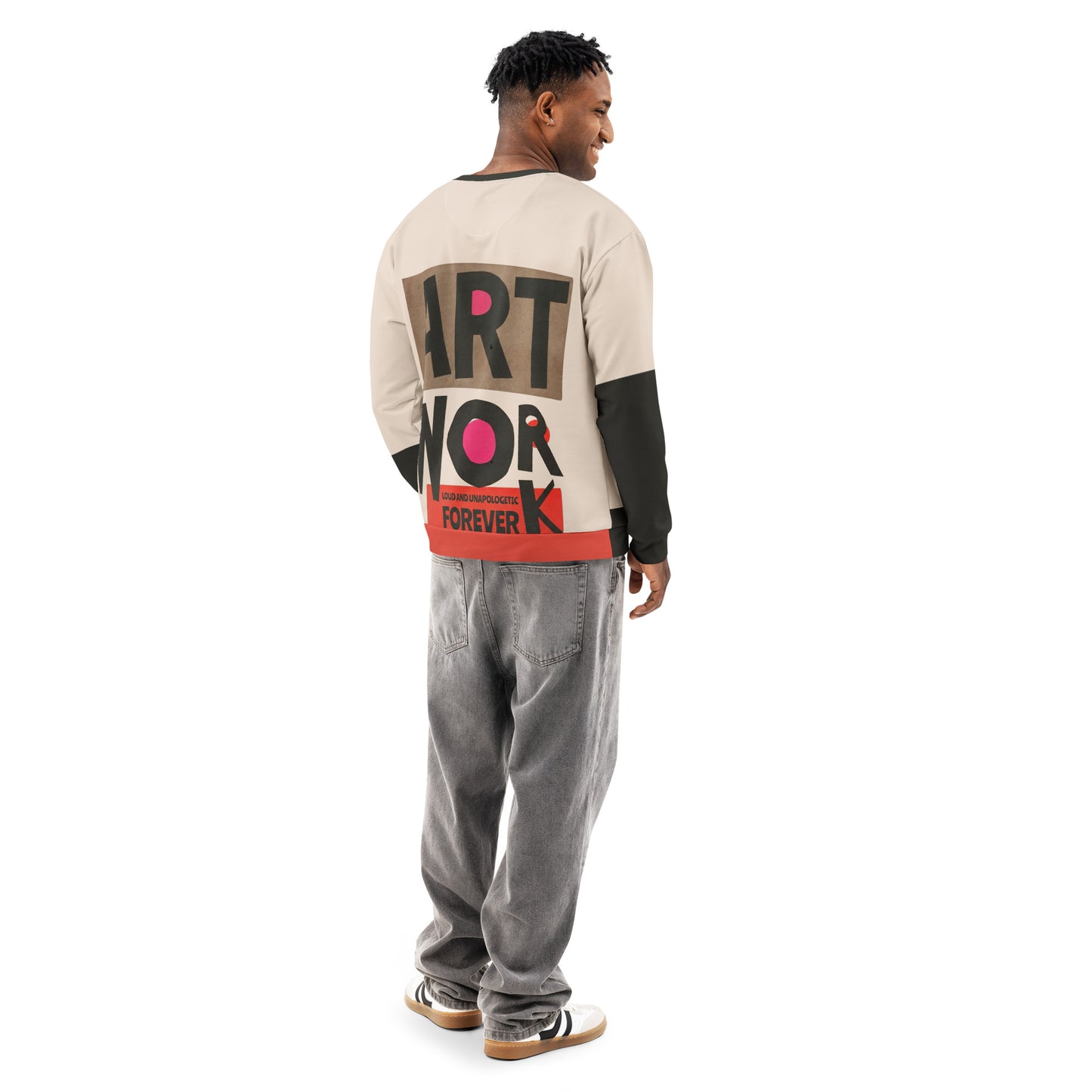 Model wearing the sweatshirt from the back, showing bold mid century style block typography reading “ART WORK” with a red accent panel, styled with black sleeves and a relaxed unisex fit.