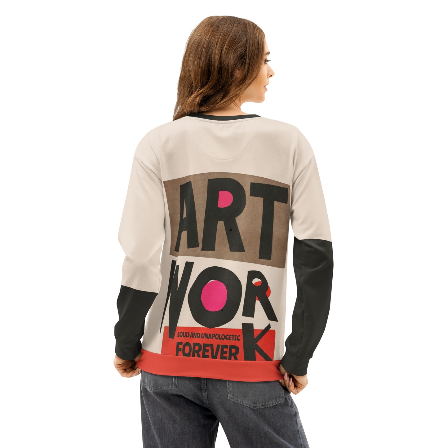 Female model wearing the Process Vol. 01 graphic crewneck from the back, shown in a slight three-quarter pose, featuring bold mid-century block typography reading “ART WORK” with a red accent panel that contrasts the quiet draft with a loud final output.