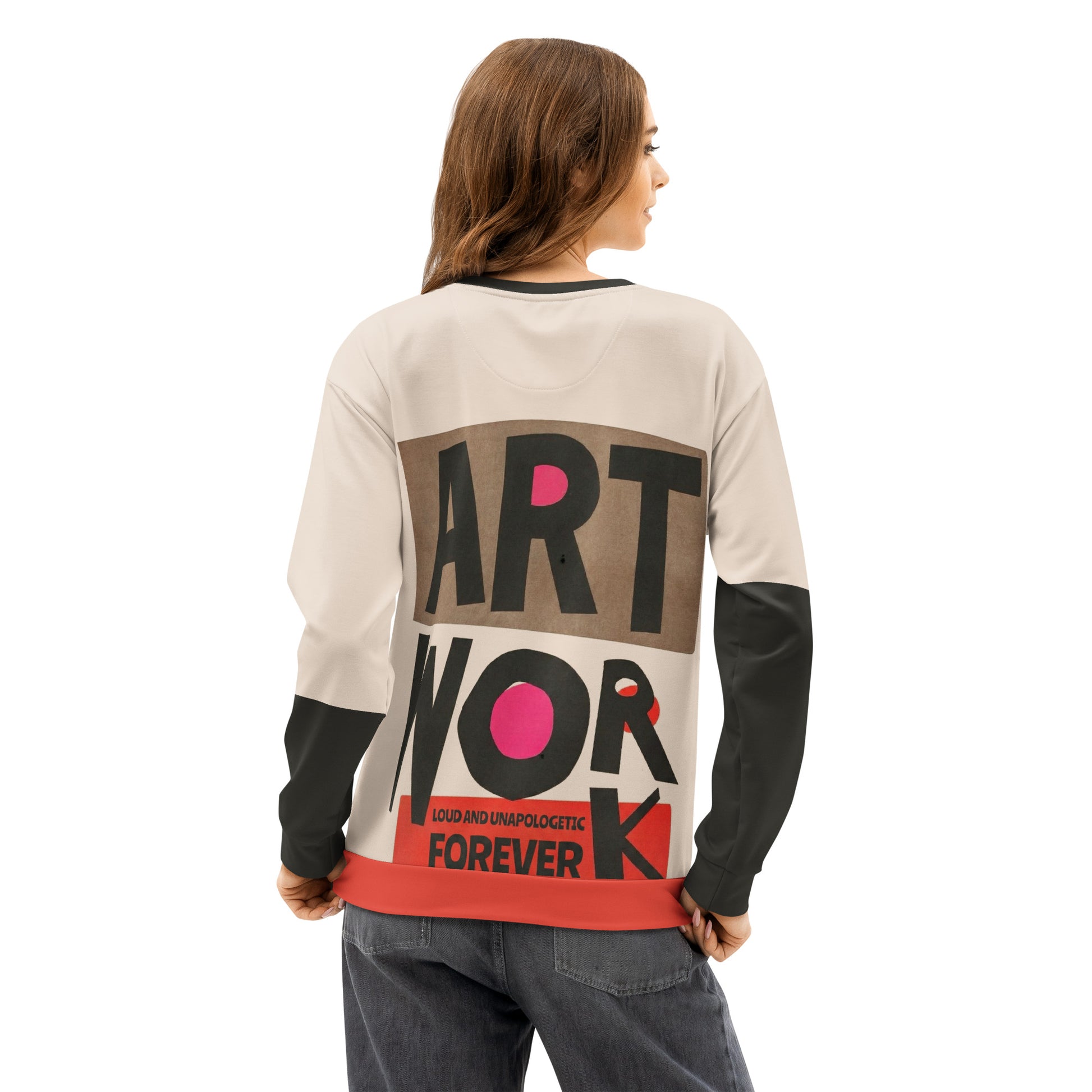 Female model wearing the Process Vol. 01 graphic crewneck from the back, shown in a slight three-quarter pose, featuring bold mid-century block typography reading “ART WORK” with a red accent panel that contrasts the quiet draft with a loud final output.