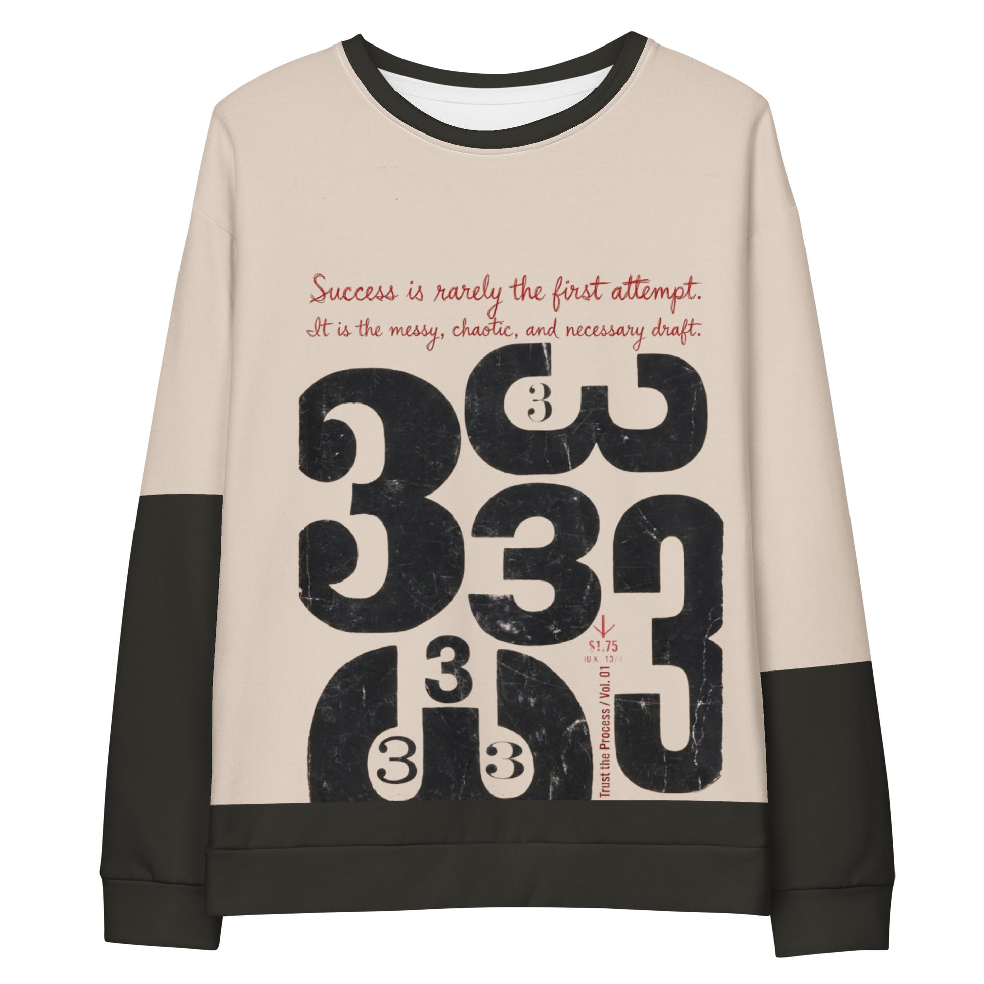 Front view of the Process Vol. 01 graphic crewneck sweatshirt featuring distressed typewriter-style typography, layered “333” motif, and handwritten draft text symbolizing the messy internal creative process.