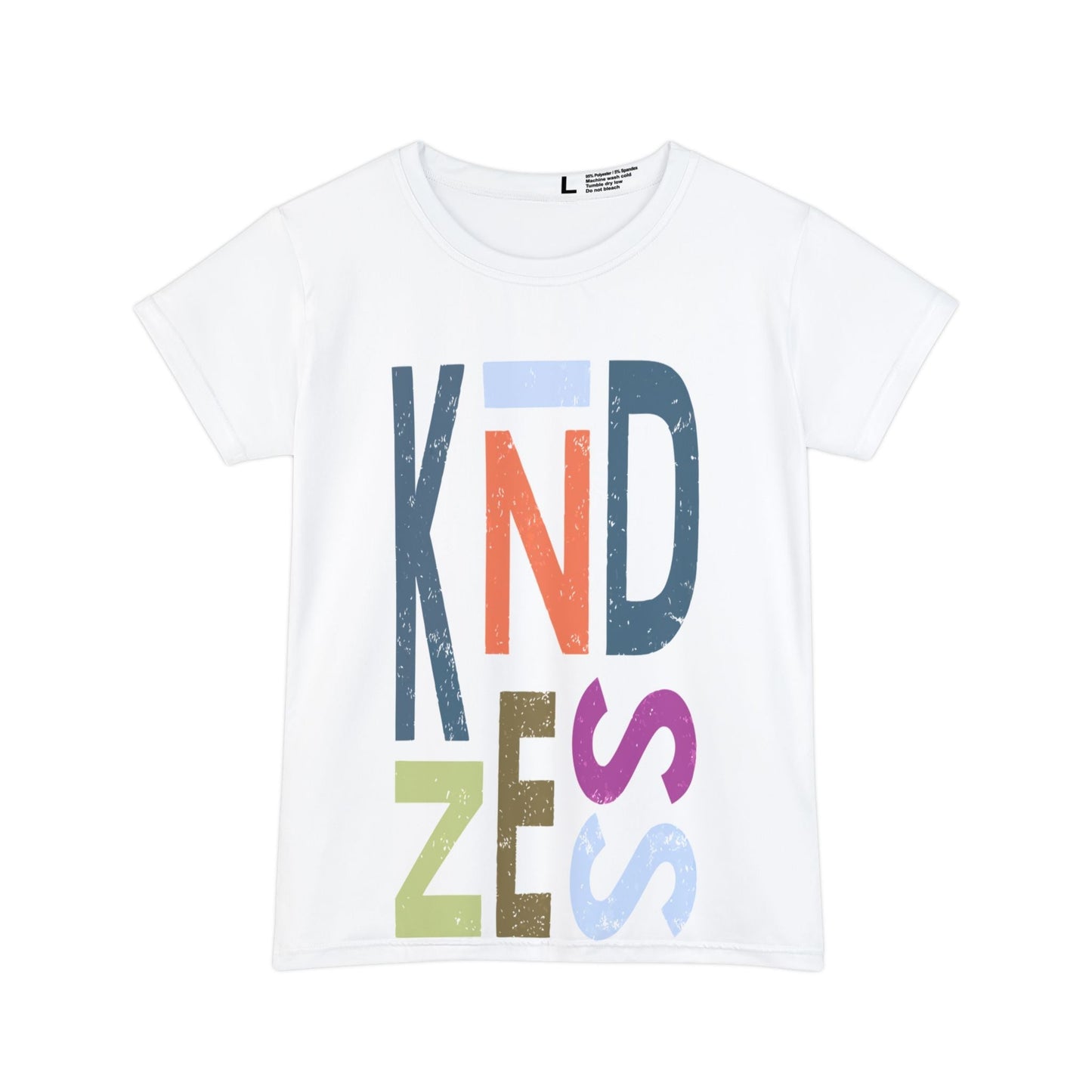 White women’s kindness graphic tee with colorful stacked KINDNESS typography