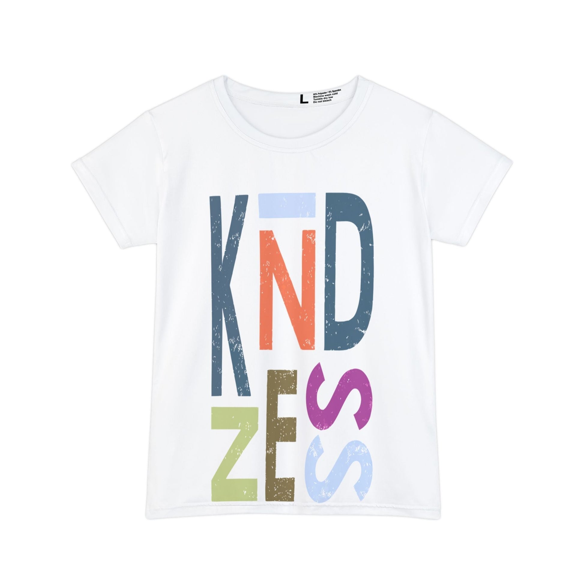 White women’s kindness graphic tee with colorful stacked KINDNESS typography