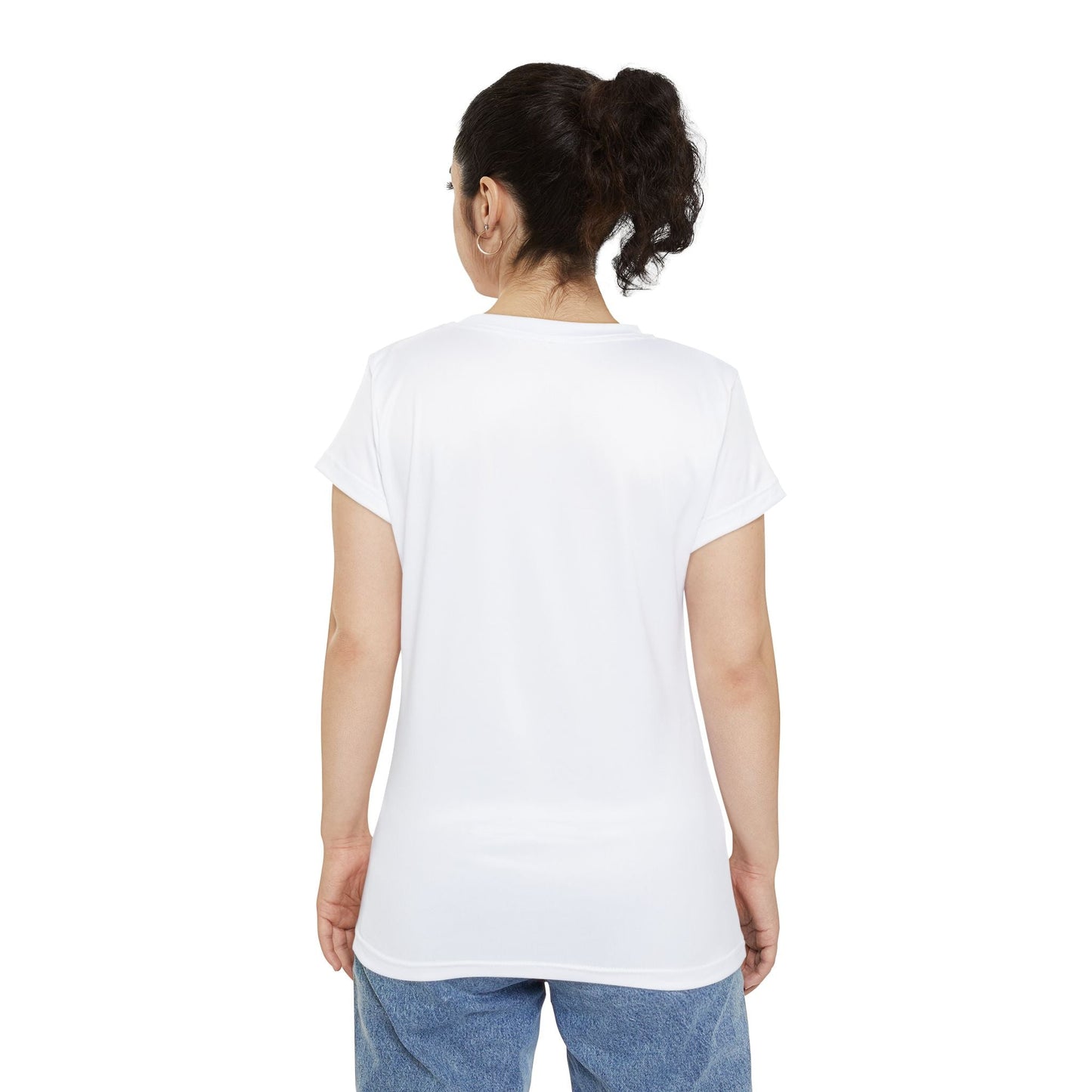 Back view of plain white women’s kindness graphic tee
