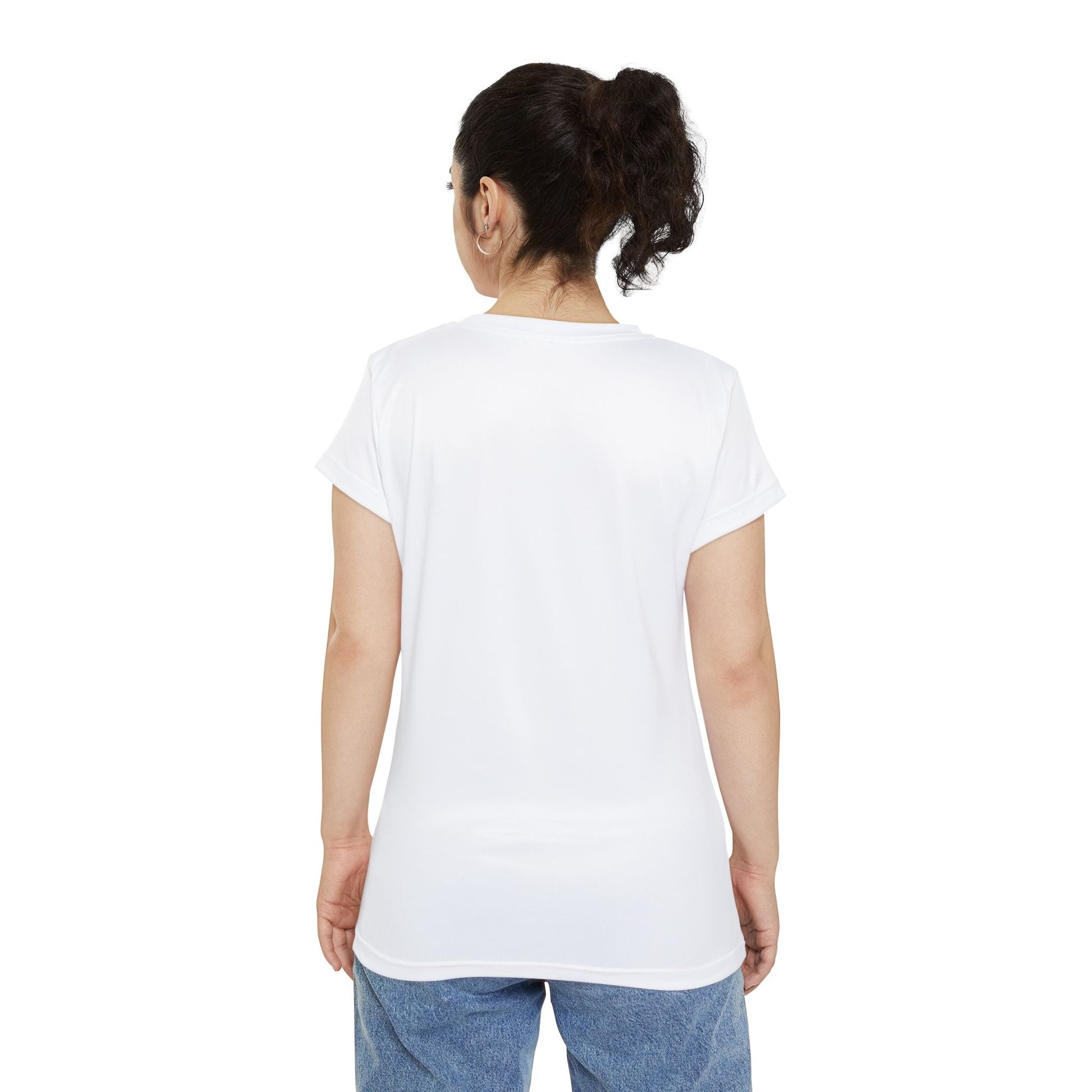 Back view of plain white women’s kindness graphic tee