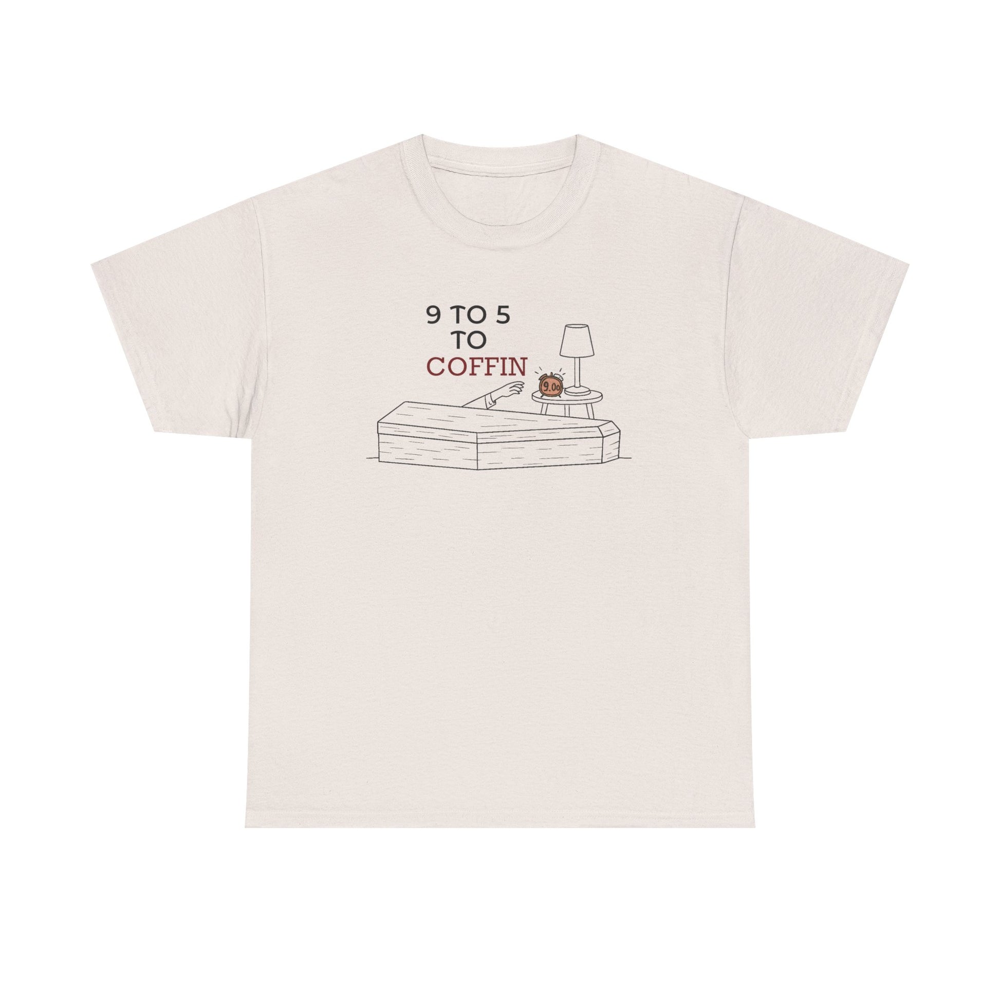 White color Dead Inside shirt with “9 TO 5 to COFFIN” typography and coffin icon for introverts facing burnout and job stress