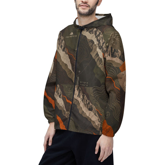 FIELD NOTES 26 topographic windbreaker worn by a male model, front view in olive, sand and burnt orange