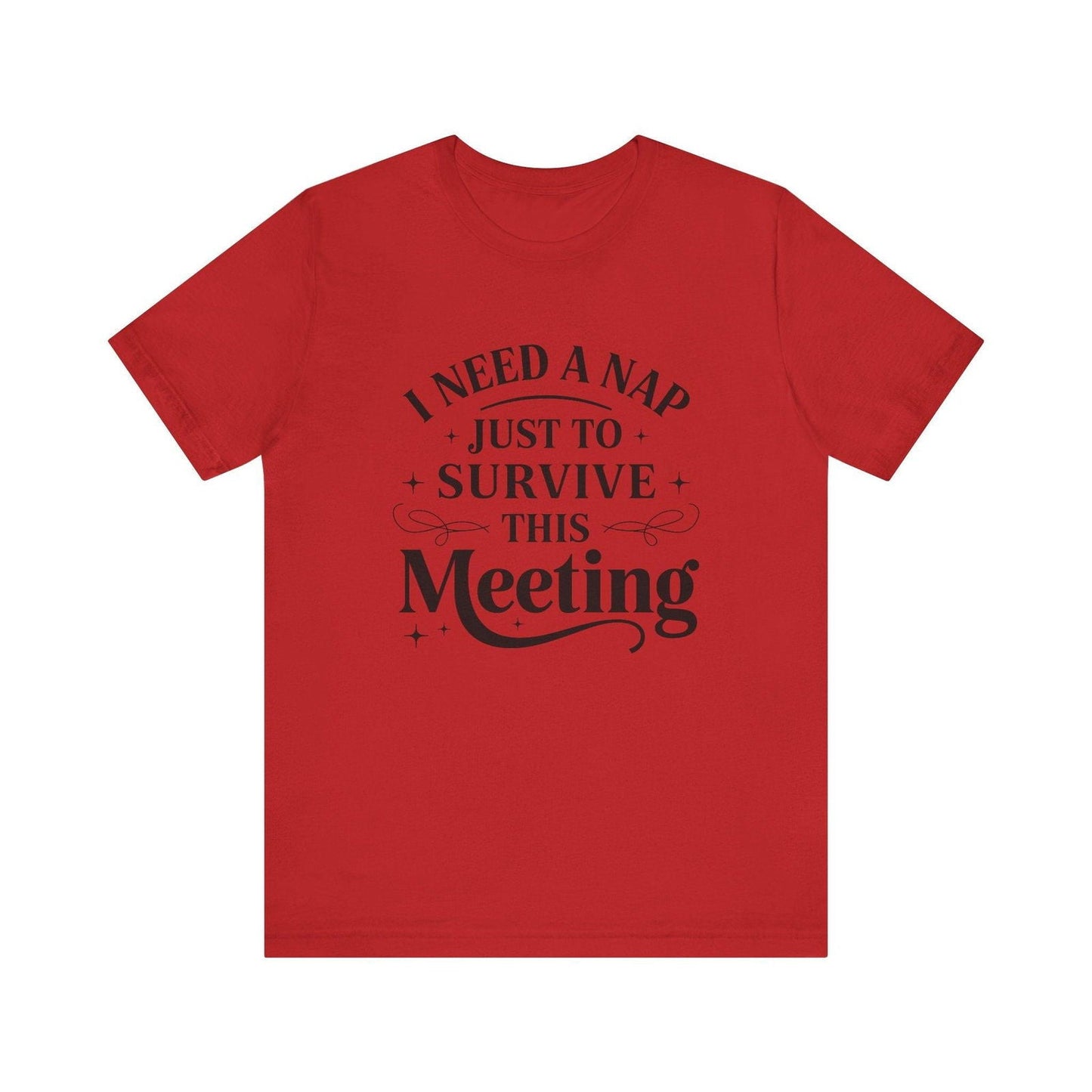 Red regular T-shirt with I Need a Nap office meeting graphic on the front