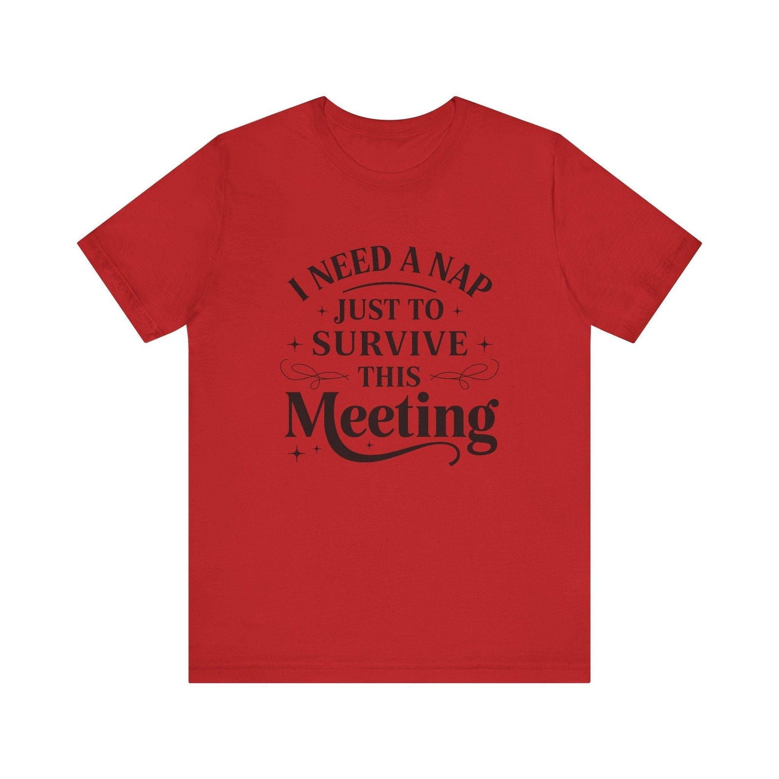 Red regular T-shirt with I Need a Nap office meeting graphic on the front
