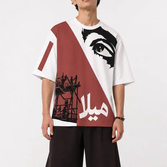 Mela Punjabi Cinema oversized T-shirt worn by a male model, front view with rust, black and white artwork